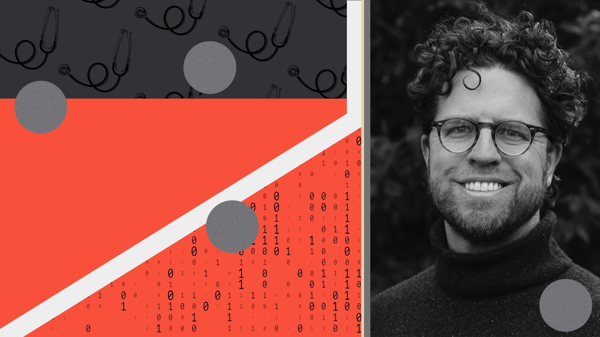 Photo illustration of Jay Parkinson surrounded by abtsract lines, binary code, circles, and stethoscopes. 