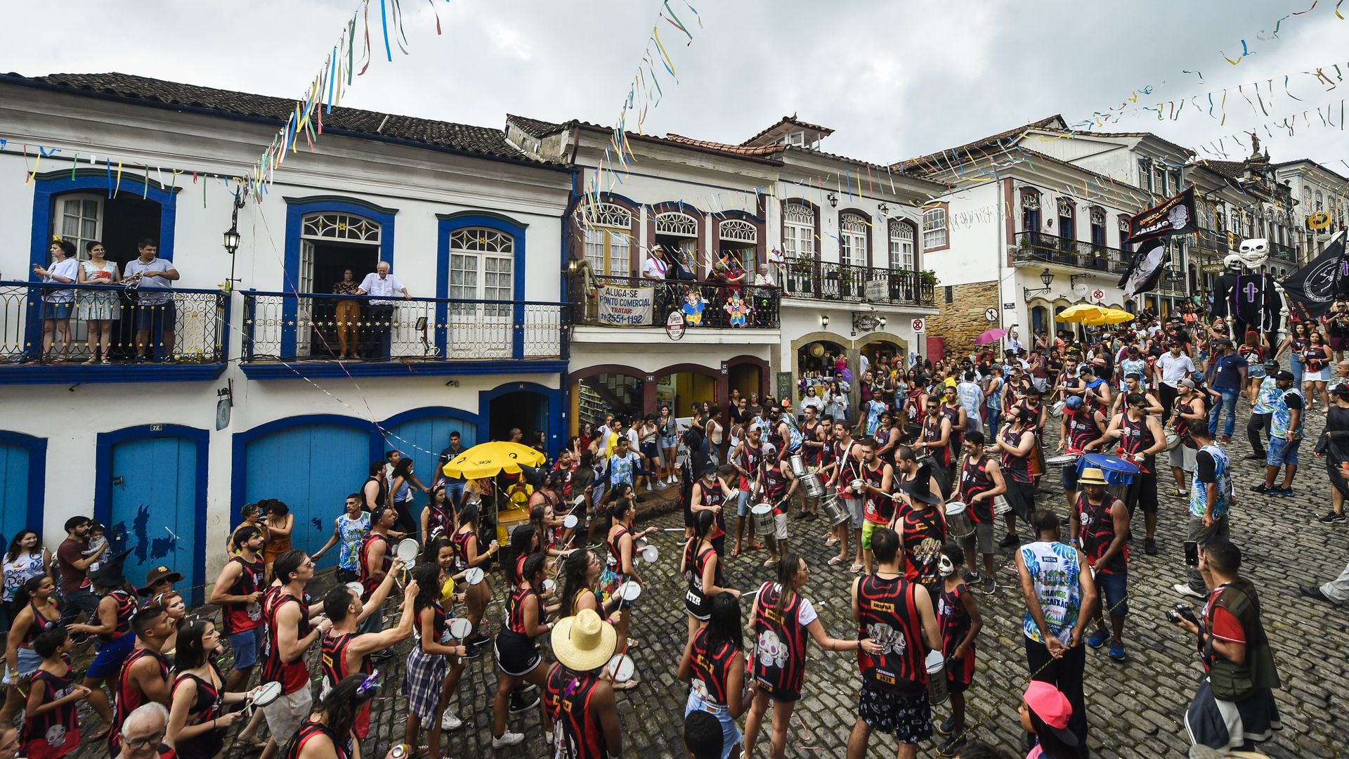Revelers participate in the celebration of the street carnival of Bloco do Caixao on February 25, 2020 in Ouro Preto, Brazil. (Photo by Pedro Vilela/Getty Images)