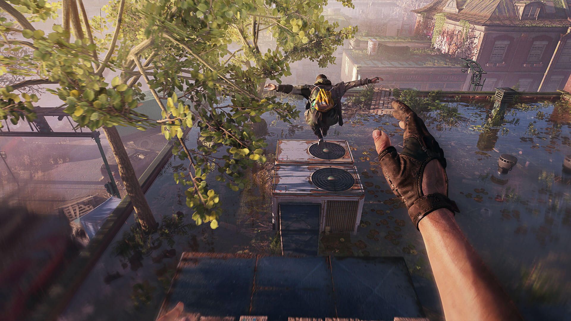 Video game screenshot that shows the arm of a person extending from the camera as the player's character leaps across a rooftop