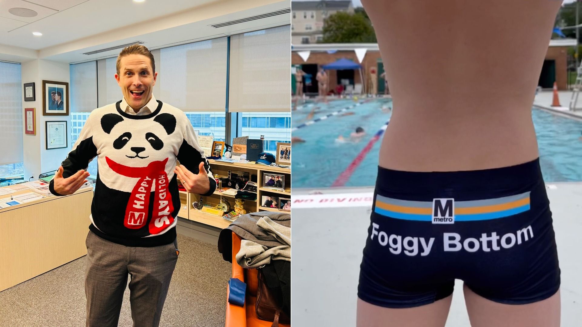 Two images: a man indoors wearing a black and white panda sweater with a red scarf saying "Happy Holidays," and a person at a pool wearing black swim trunks labeled "Foggy Bottom" with a metro logo.