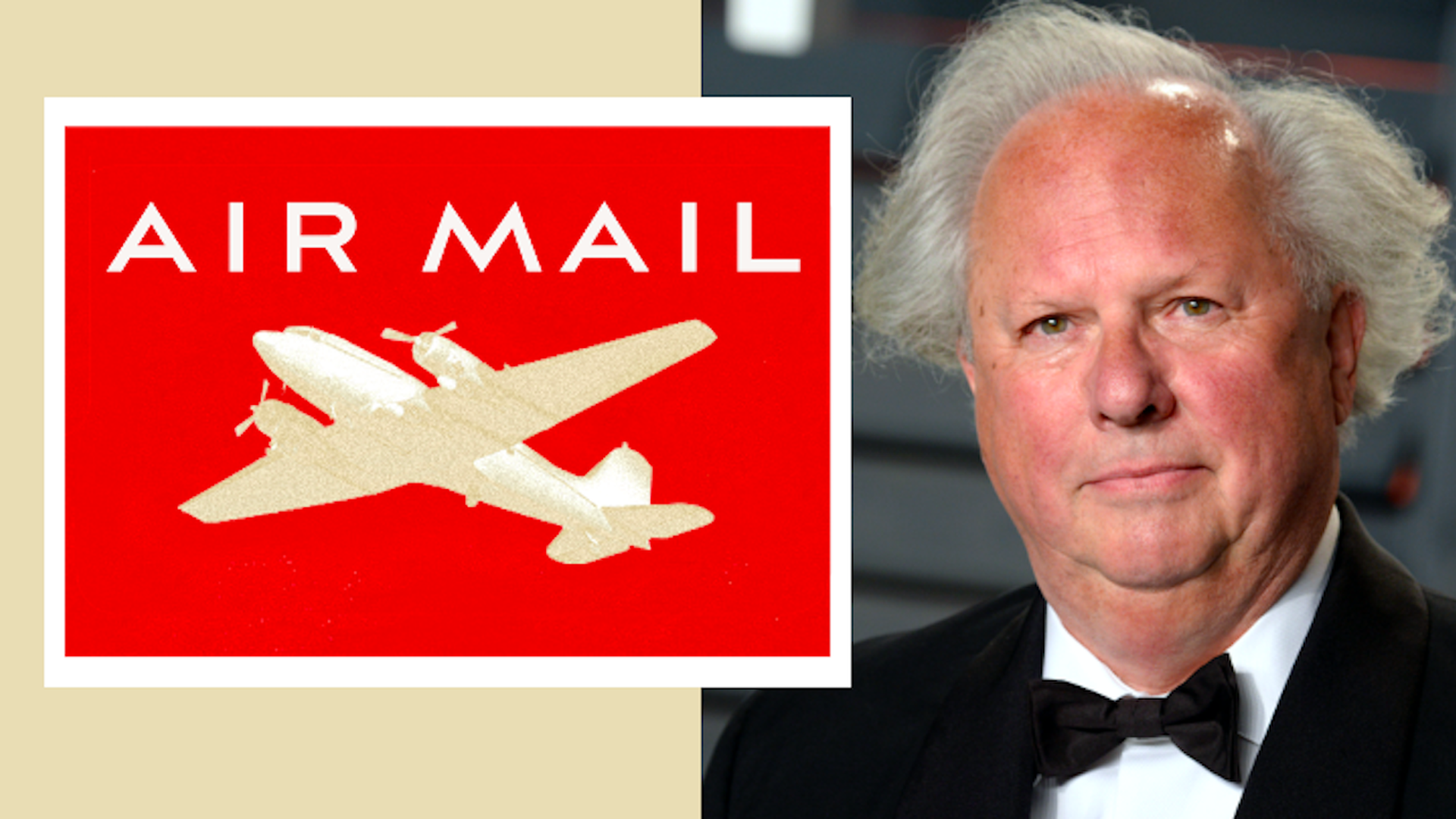 An "air mail" postage stamp next to a photo of Grayson Carter