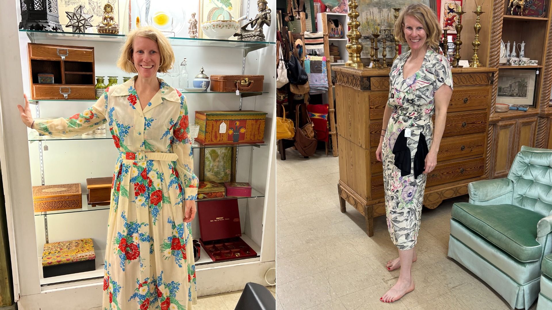 Carrie Shepherd smiles in two photos wearing different floral dresses; one long cream dress with red and blue flowers stands by shelves of vintage items, the other a shorter patterned dress in a room with wooden furniture.