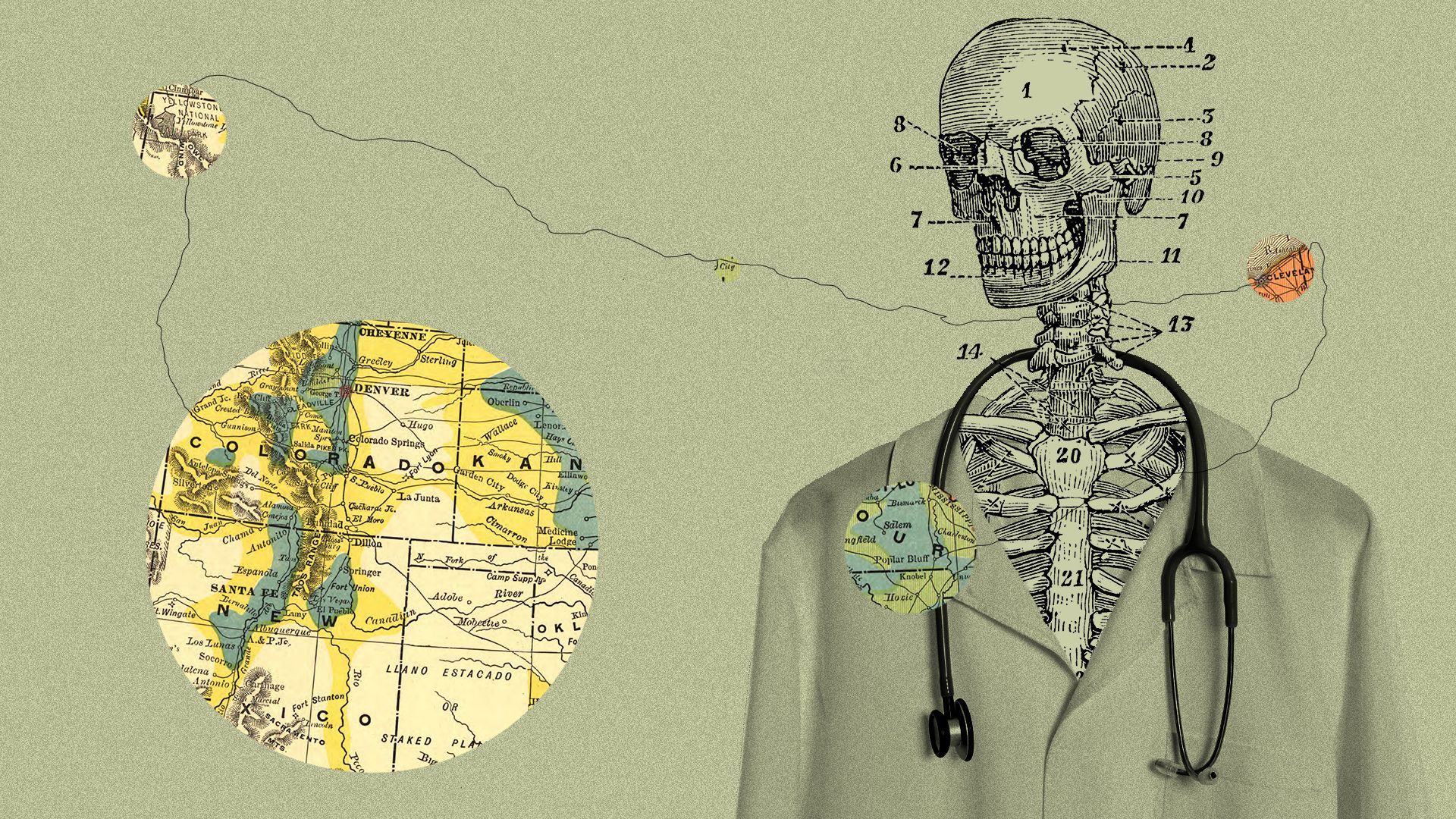 Illustrated collage of a skeleton wearing a medical coat, with interconnected map elements in the background.