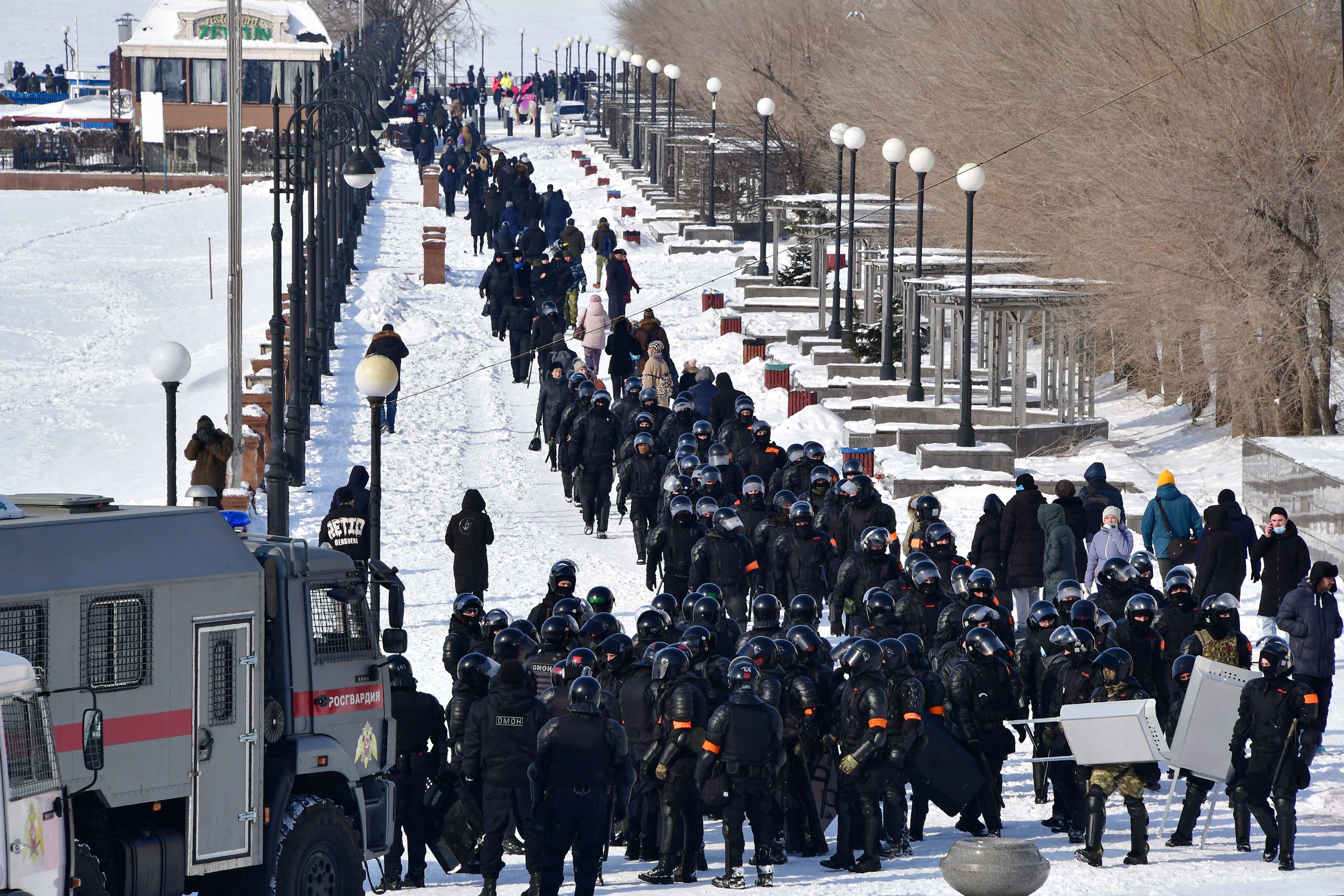 Riot police during an unauthorized protest in Vladivostok. 