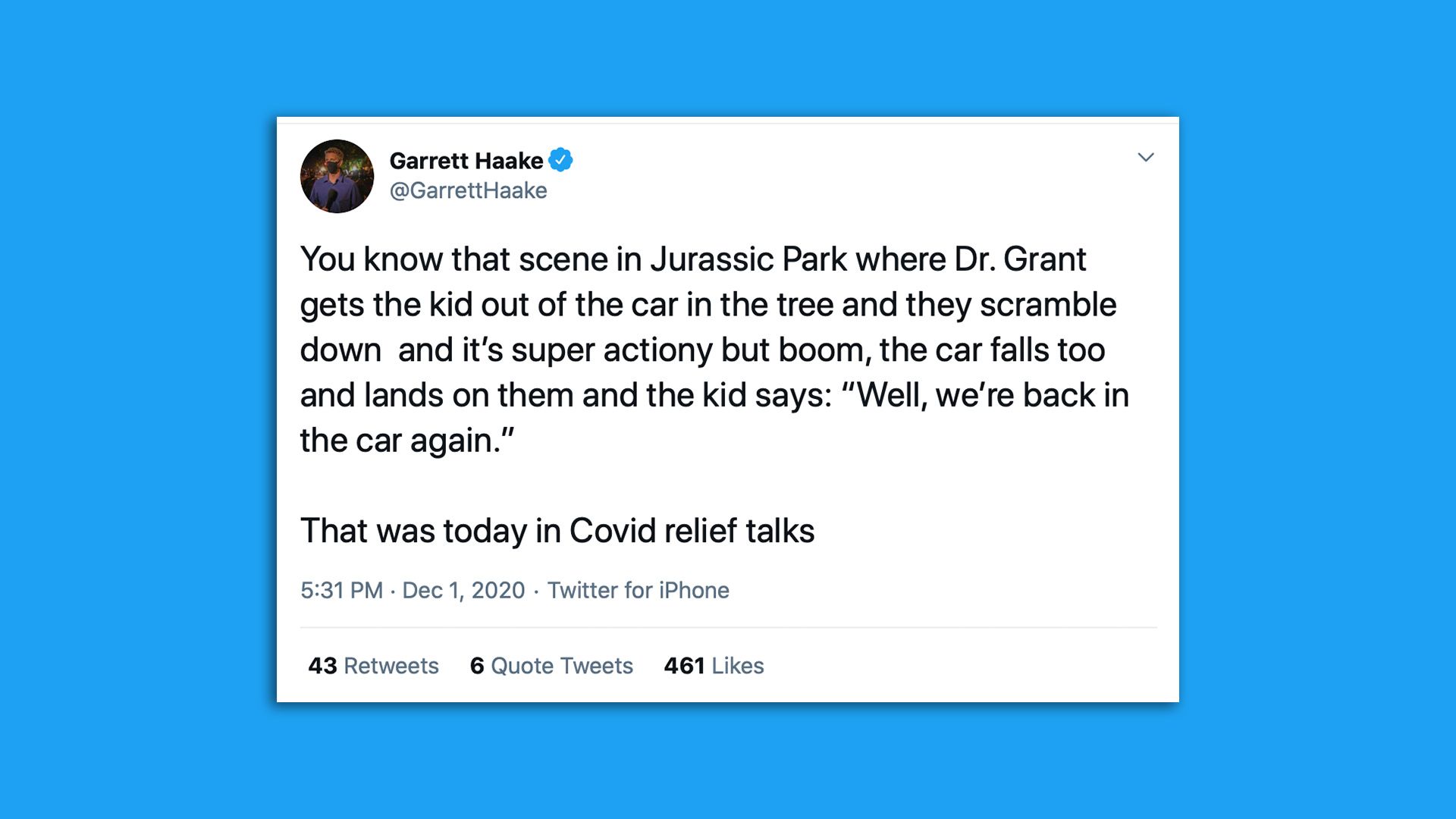 A tweet compares the COVID relief talks in Congress to a scene from Jurassic Park.