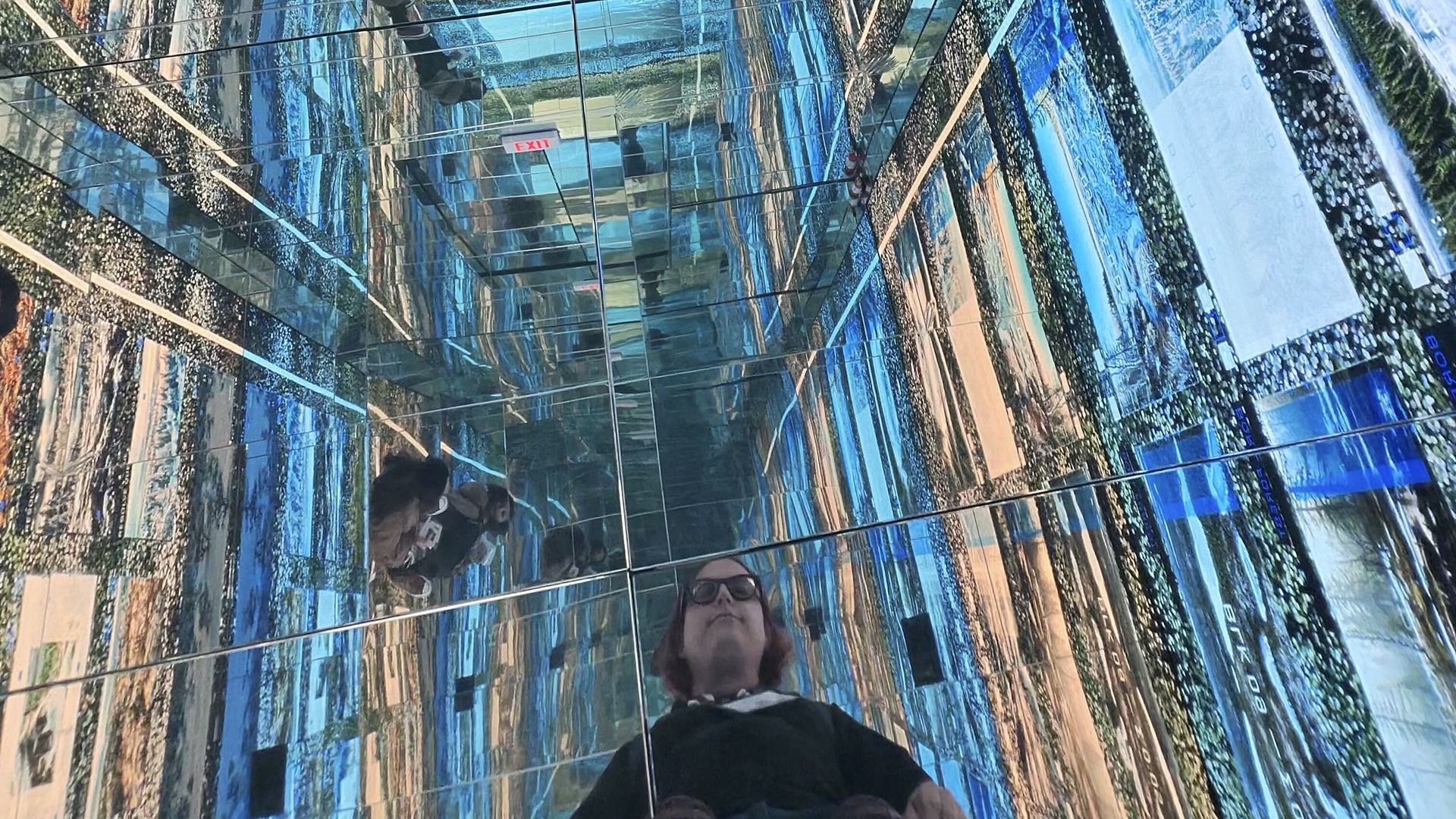 Inside a mirrored glass elevator with numerous reflections of people; blue-tinted walls, grid lines, red extinguishers on the right, and an EXIT sign; a person in dark clothing stands at the bottom.