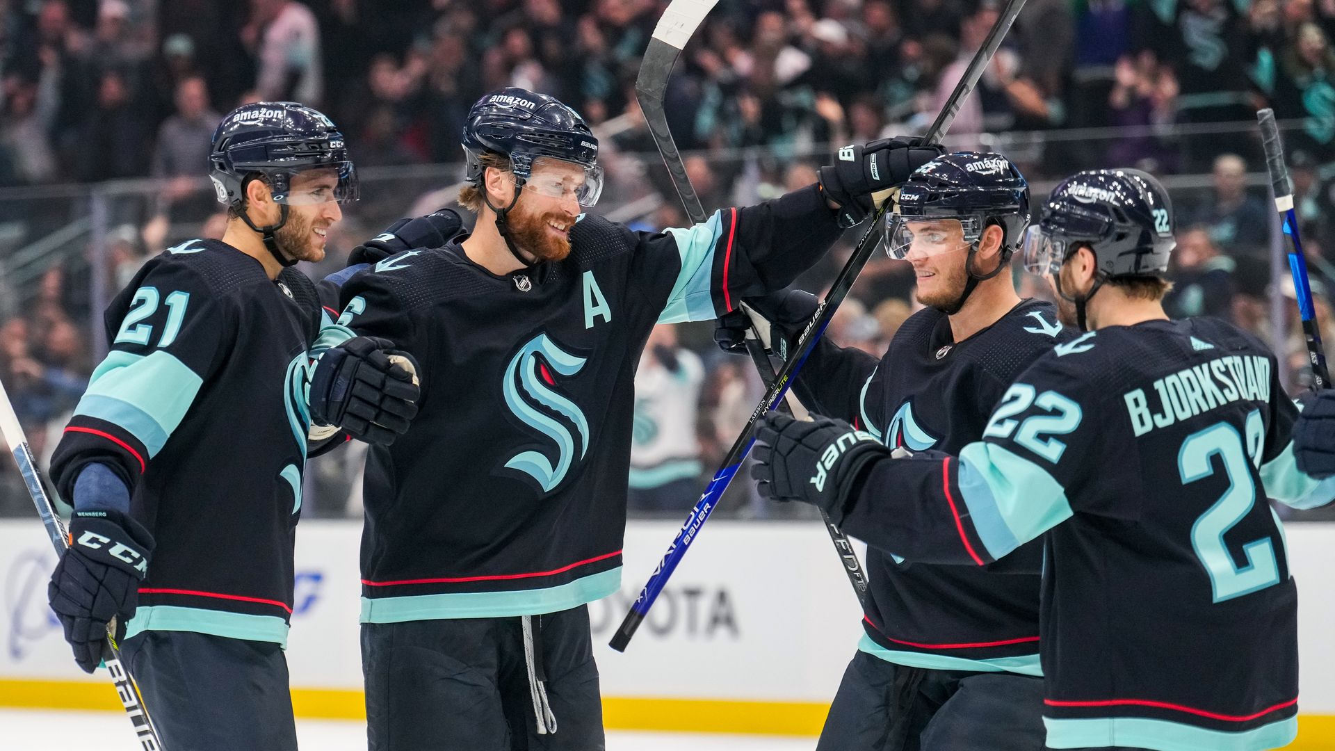  Seattle Kraken celebrate Larssons goal during the second period of a game against the St. Louis Blues at Climate Pledge Arena on October 19, 2022.