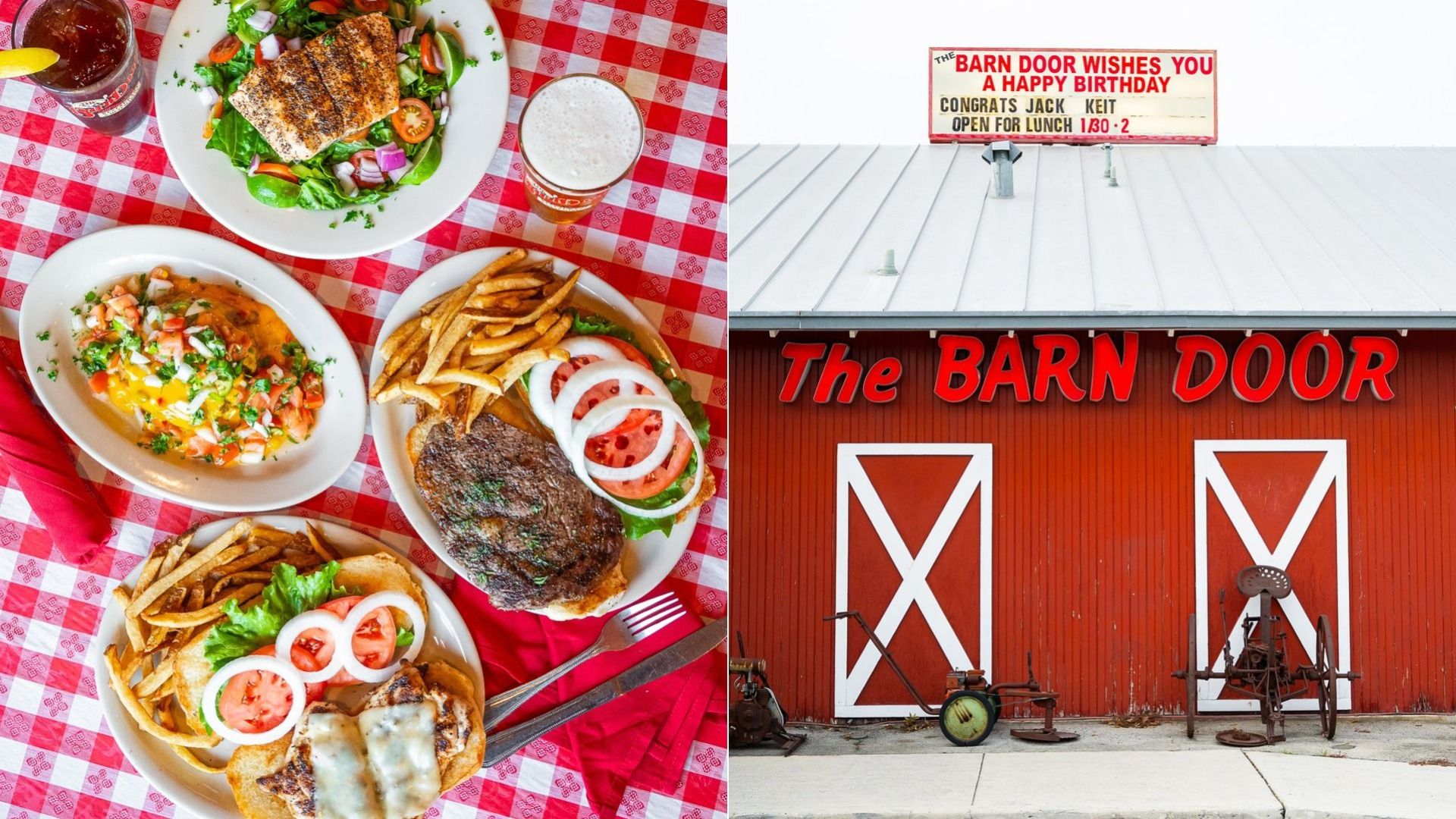 Split image: left shows a red-and-white checkered table with plates of salad, grilled meat, fries, and drinks; right shows a red barn with the sign "The Barn Door" above white doors.