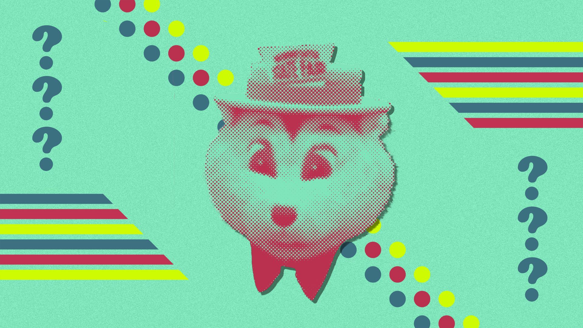 Photo illustration of the Minnesota State Fair's mascot, Fairchild the gopher, with patterns of stripes and dots, and two columns of question marks.