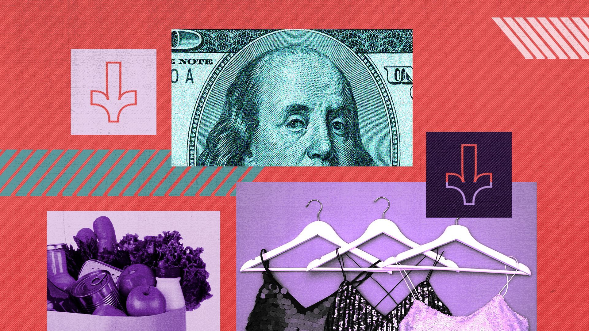 Illustration of women's clothes on hangers and a bag of groceries surrounded by abstract shapes and money elements.