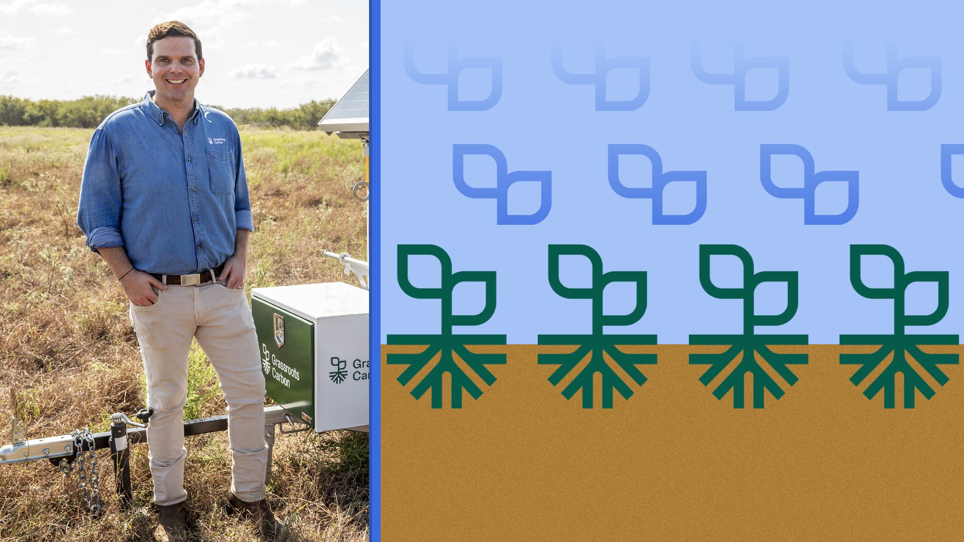 Photo illustration of Brad Tipper surrounded by abstract breakdown of the Grassroots Carbon logo. 