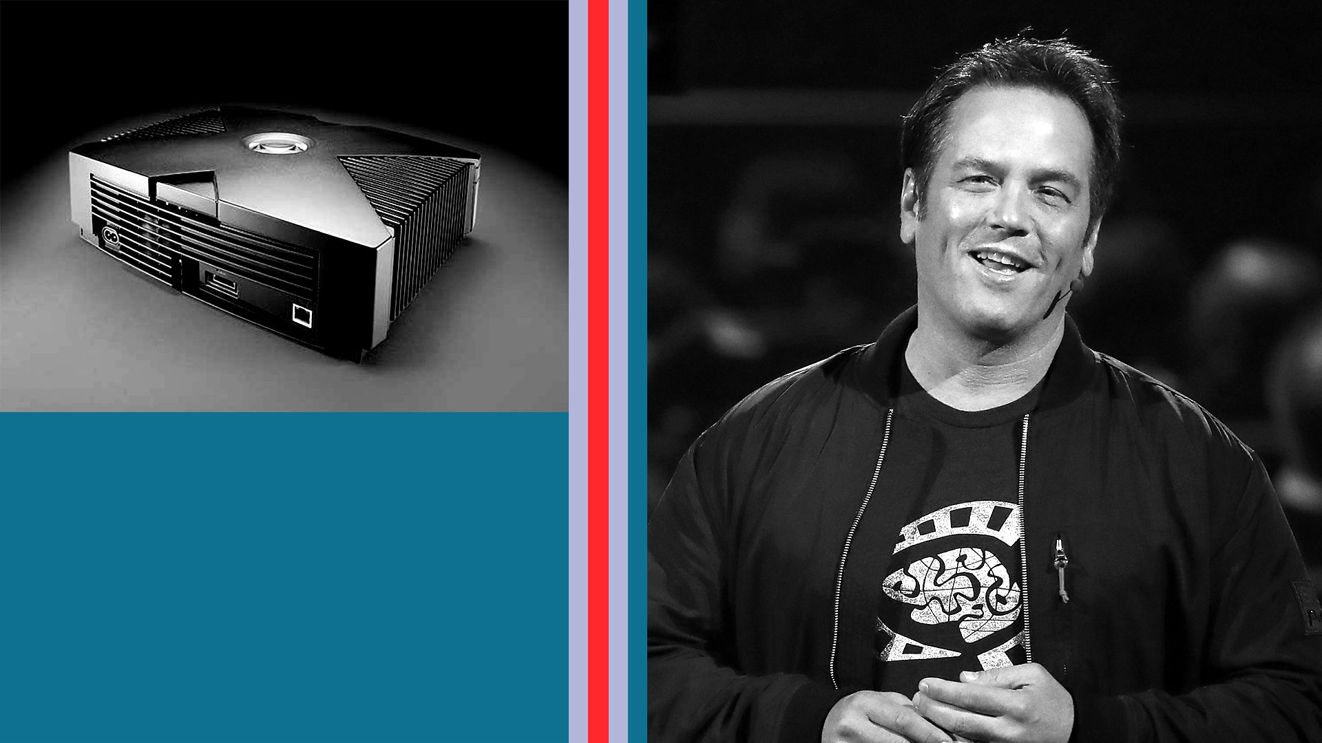 Photos of the original Xbox and Phil Spencer standing on a stage to address Xbox fans