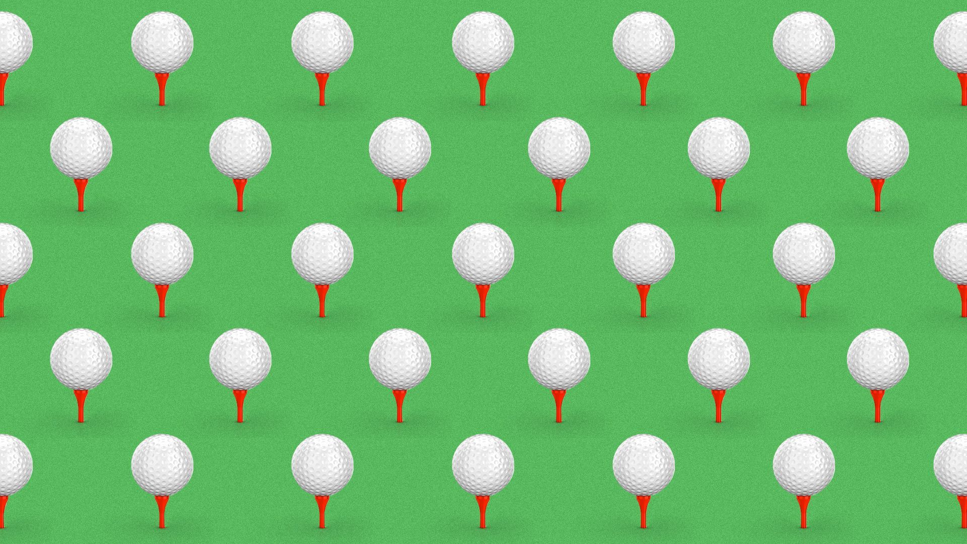 Illustration of a pattern of golf balls on tees.   