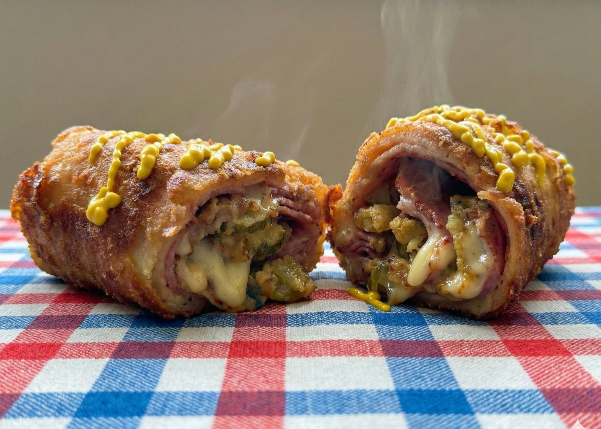 Two halves of a hot, crispy fried sandwich filled with melted cheese, pickles, and meat, topped with yellow mustard, on a red, white, and blue checkered cloth.