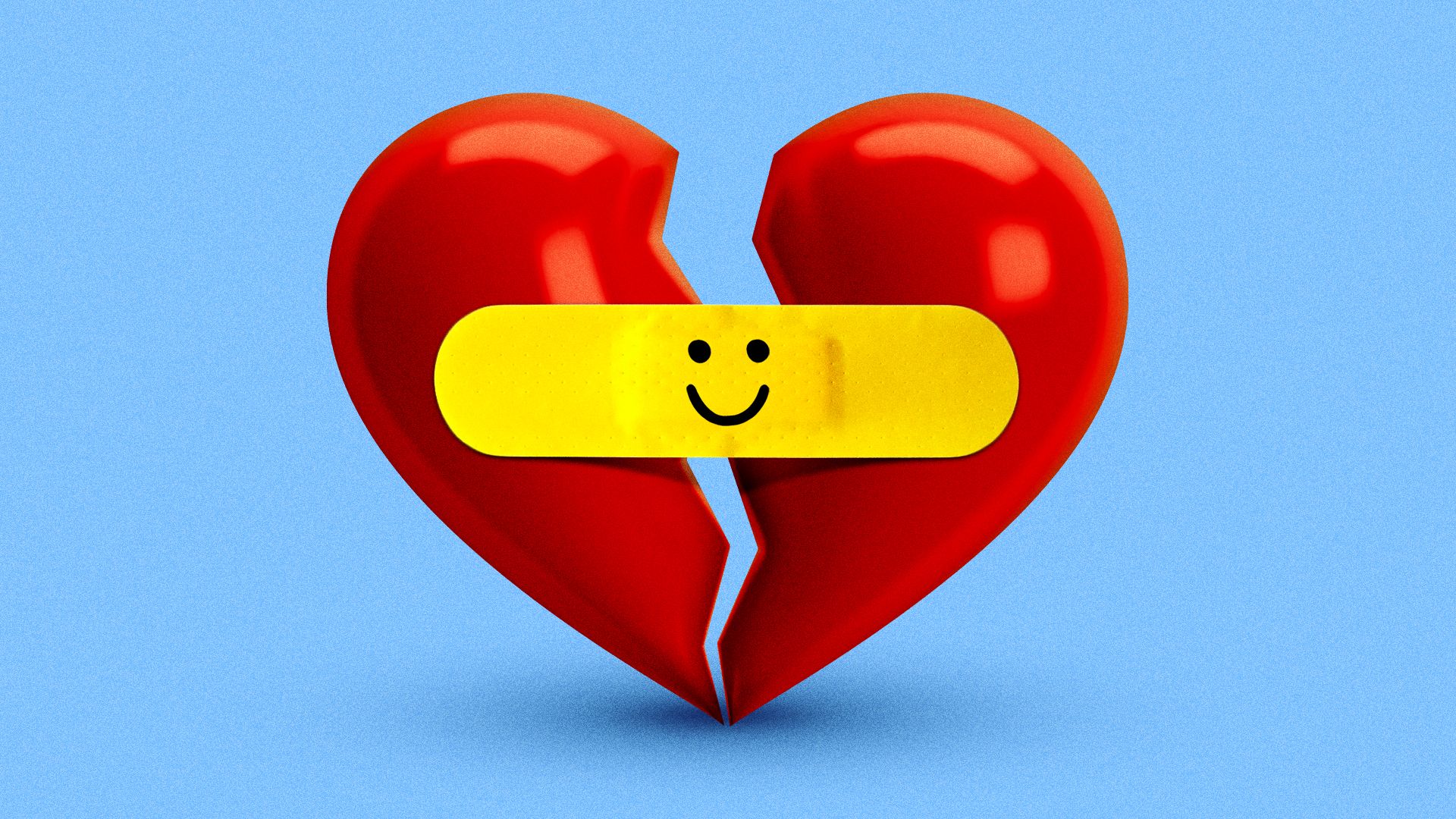 Illustration of a broken heart with a yellow adhesive bandage across the crack, featuring a black smiley face, set against a light blue background.