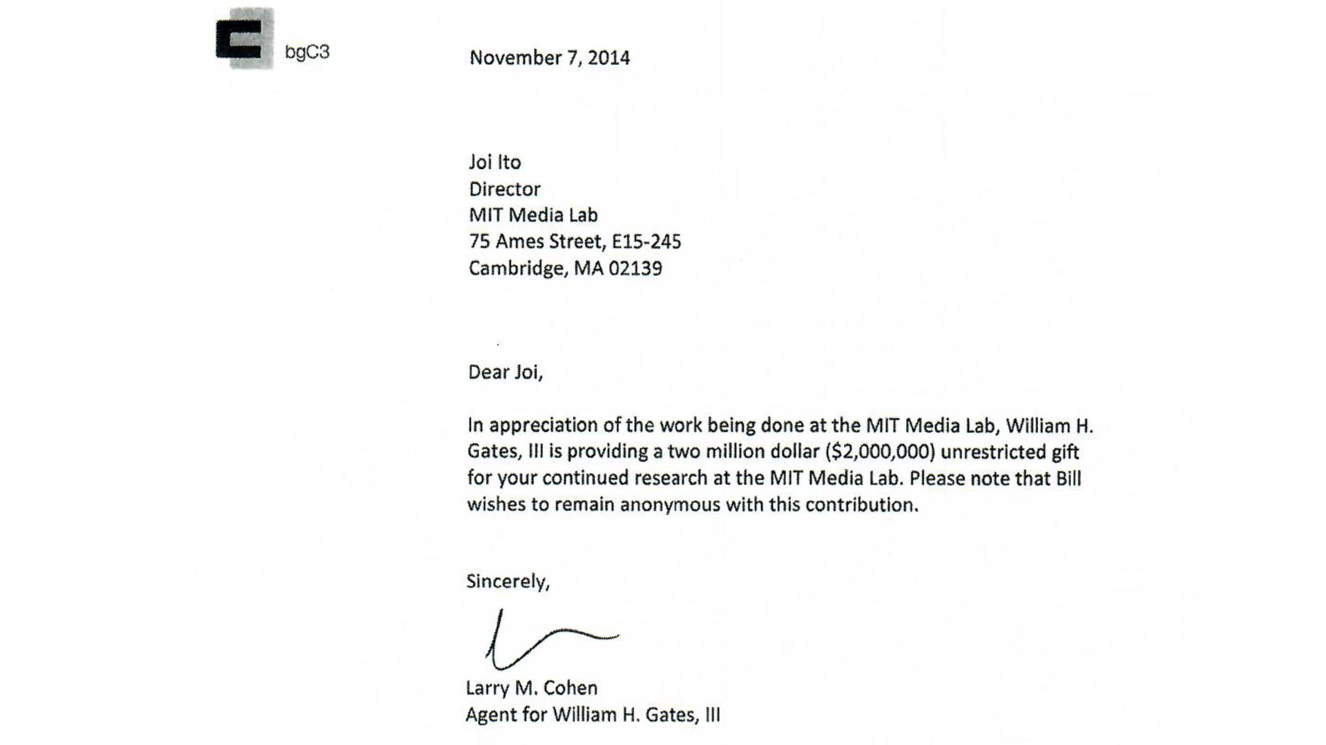 Letter from Bill Gates giving $2m to the Media Lab