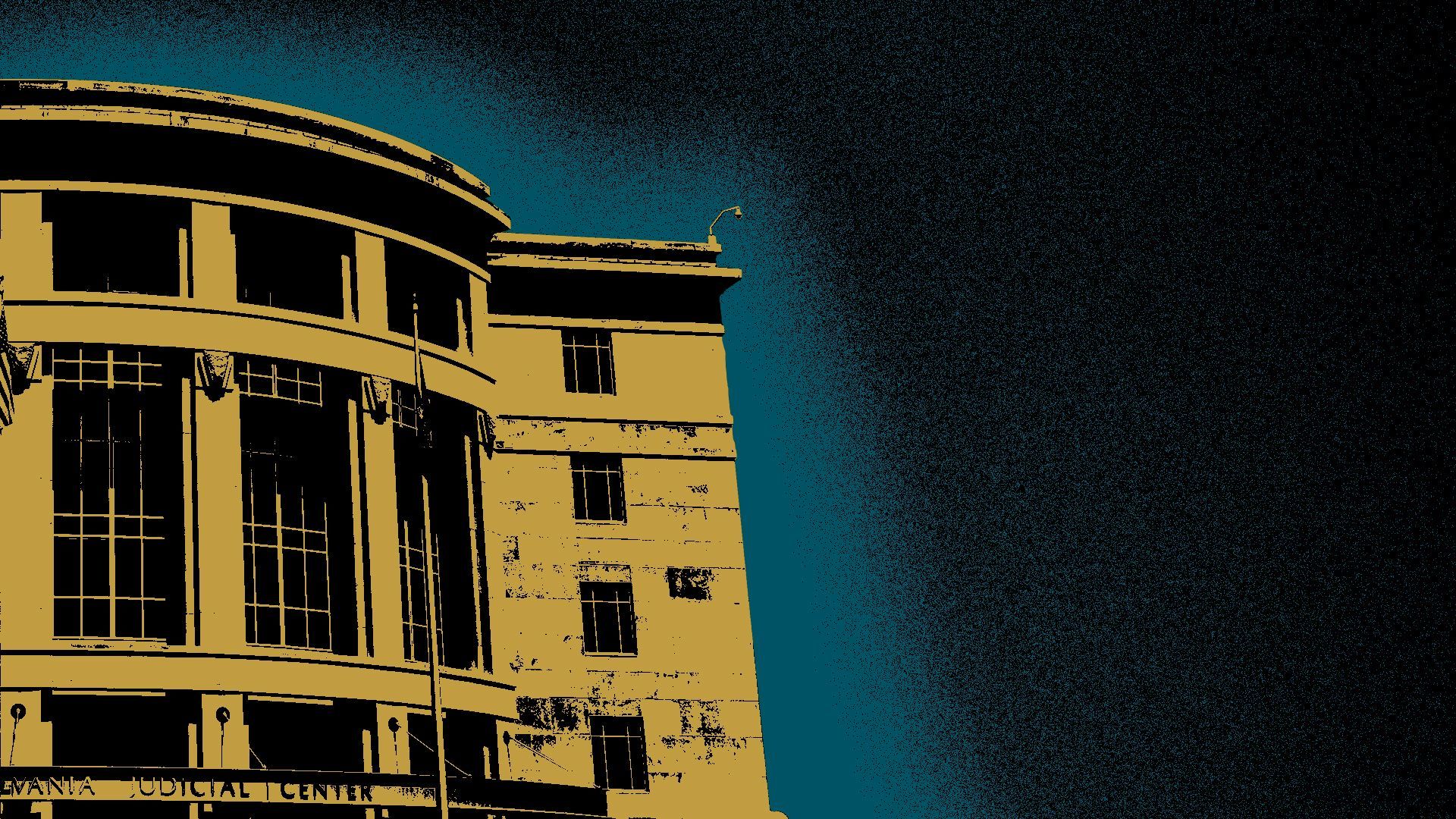 Illustration of the Pennsylvania Judicial Center in Harrisburg over a grainy blue and black background.