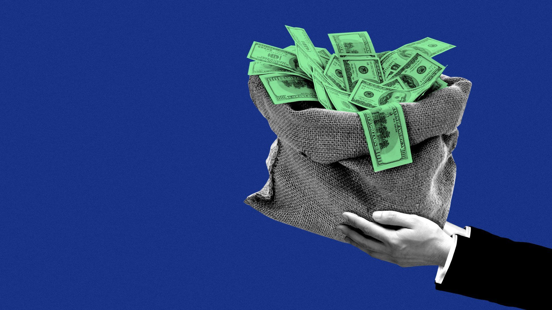 Illustration of suited hand holding a large bag of money
