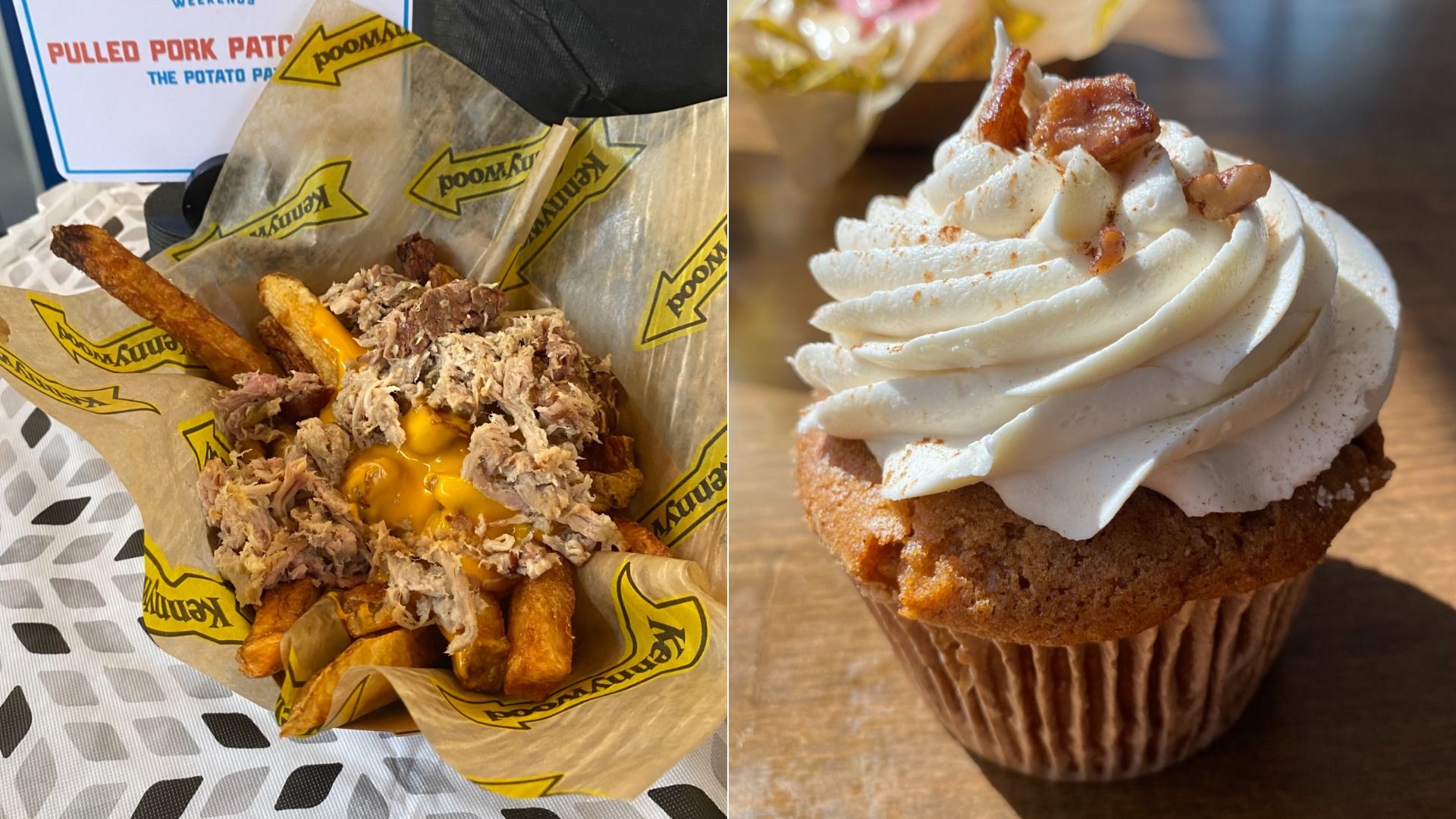 Side-by-side food collage: left is a pulled pork sandwich with crispy fries and melted cheese sauce in branded paper, right is a cupcake with white swirled frosting topped with bacon bits.