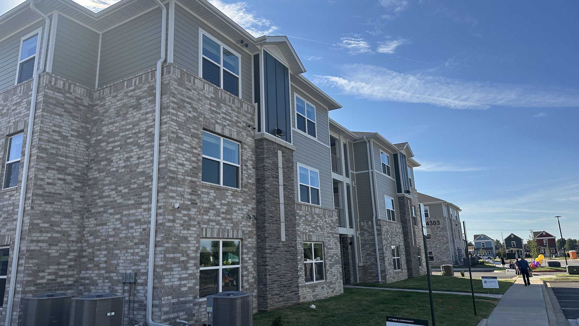 Wide view of a modern apartment complex with gray siding, light brick, white trim, large windows, and HVAC units along the base; blue sky with scattered clouds and distant people.