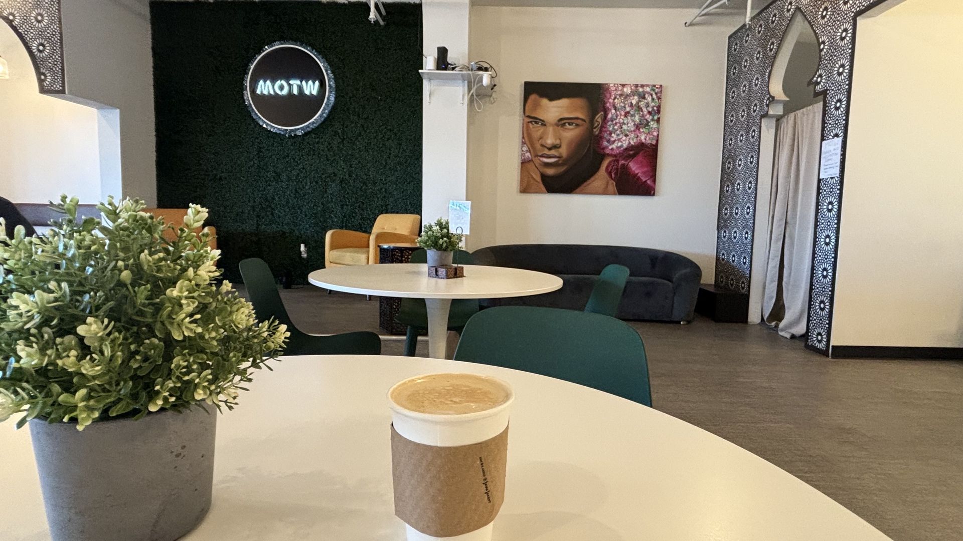 A coffee on a table in a shop