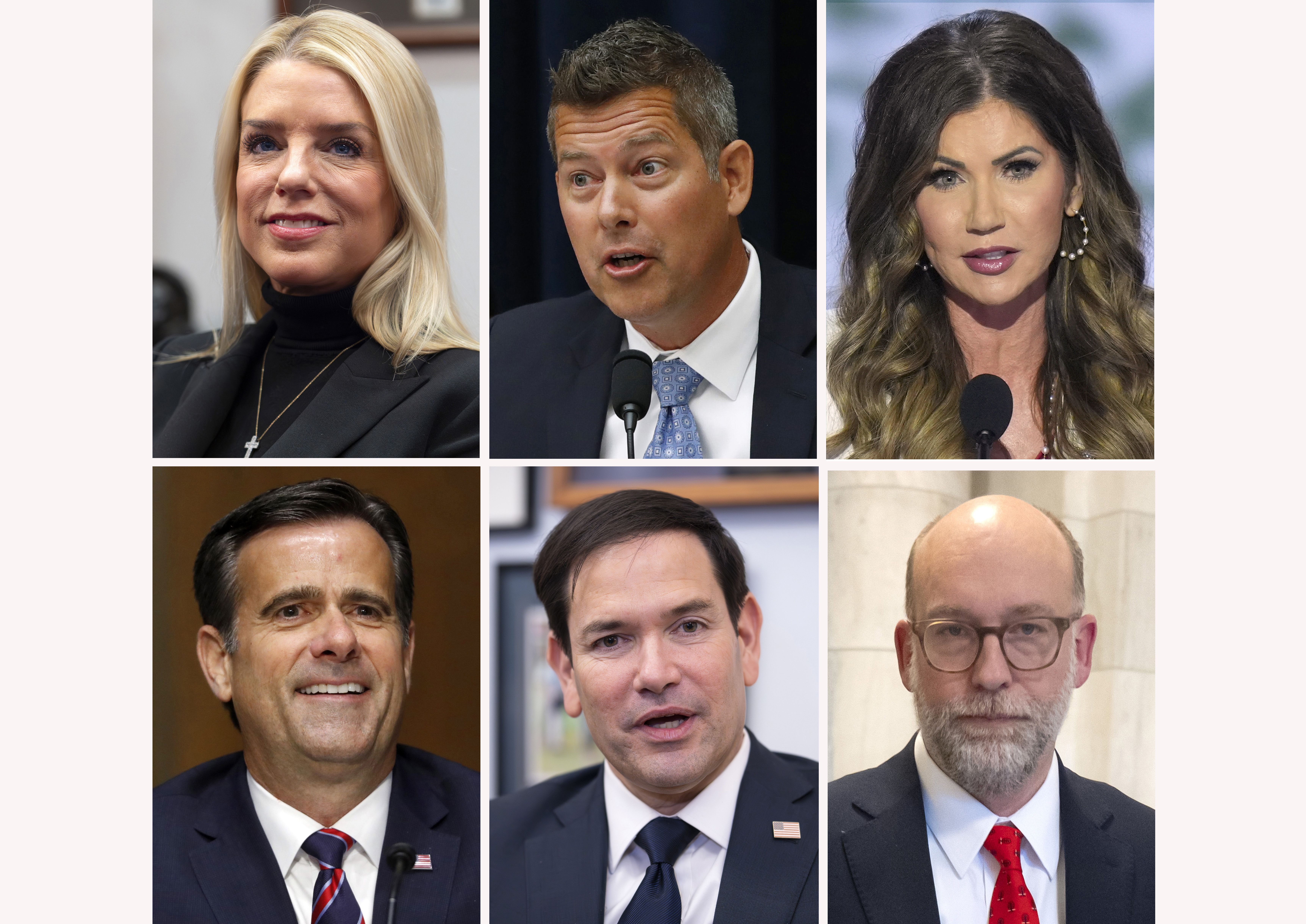  President-elect Donald Trump's nominees who will have confirmation hearings Wednesday, Jan. 15, 2025, shows Attorney General nominee Pam Bondi, from top left, Transportation Secretary nominee Sean Duffy, Secretary of Homeland Security nominee South Dakota Gov. Kristi Noem, and from bottom left, CIA