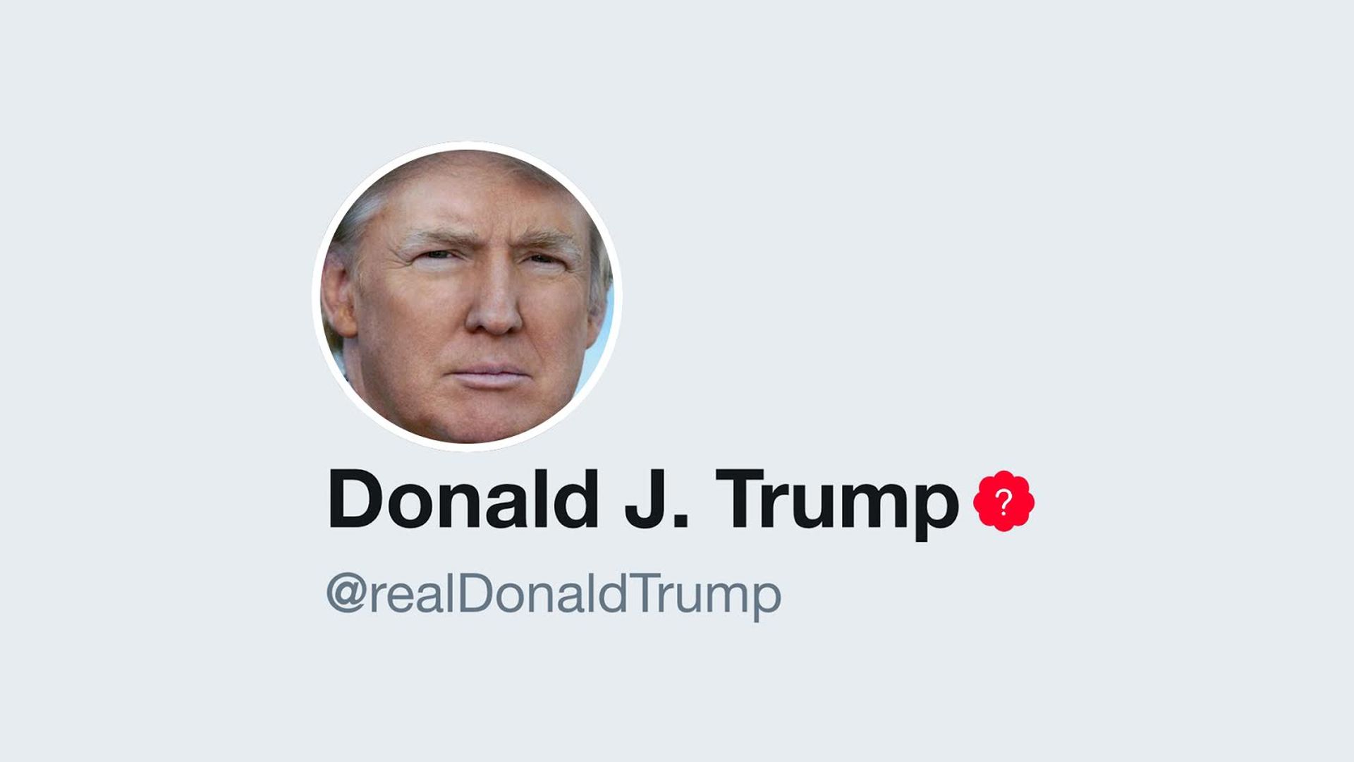 An illustration representing Donald Trump's twitter profile, with a red question mark instead of a blue checkmark