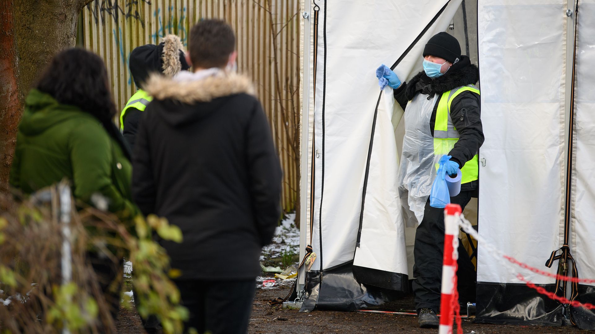 A worker at a coronavirus testing site in London on Feb. 10, 2021.