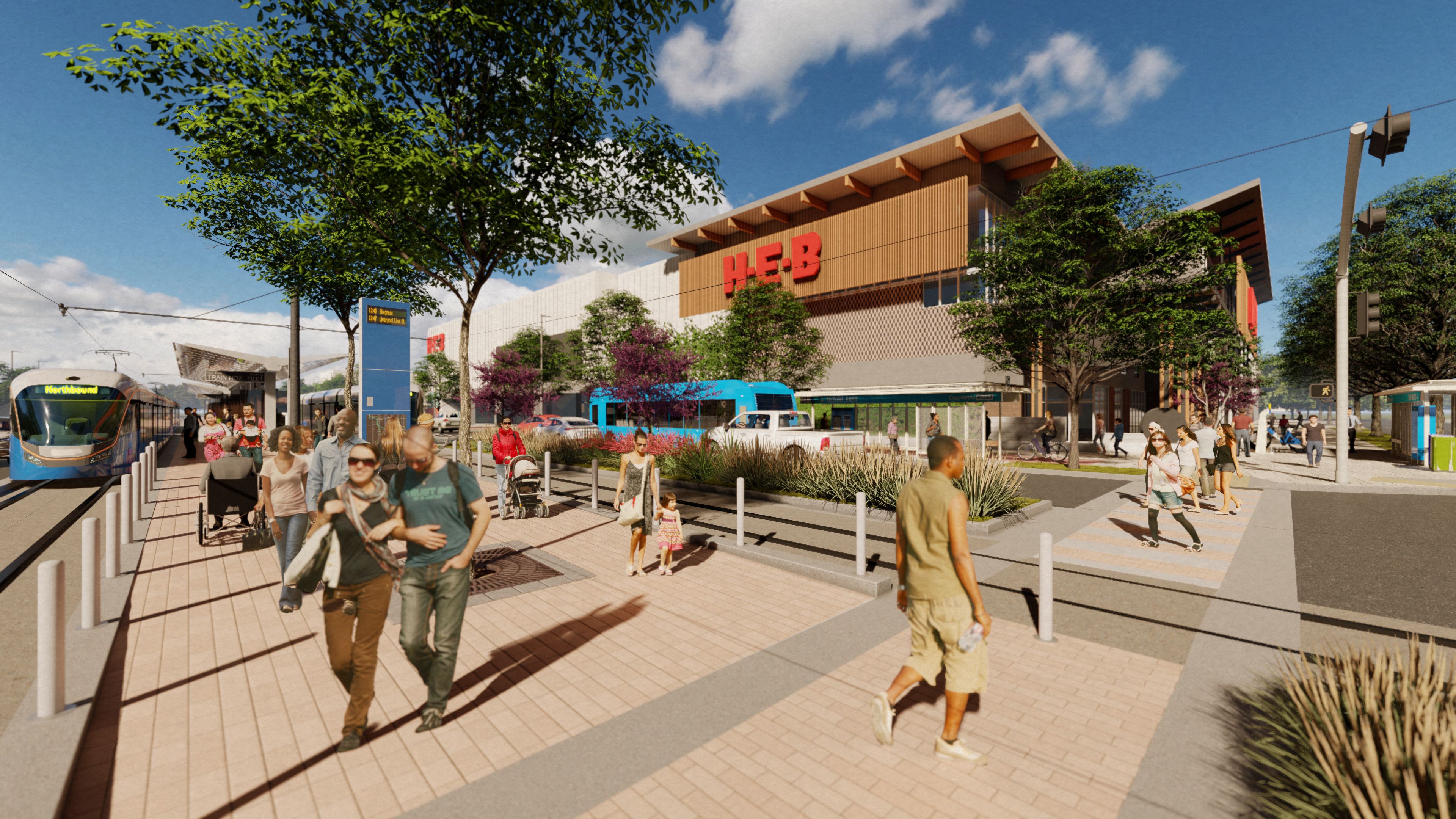 A rendering of a light-rail stop in front of the soon-to-open H-E-B.