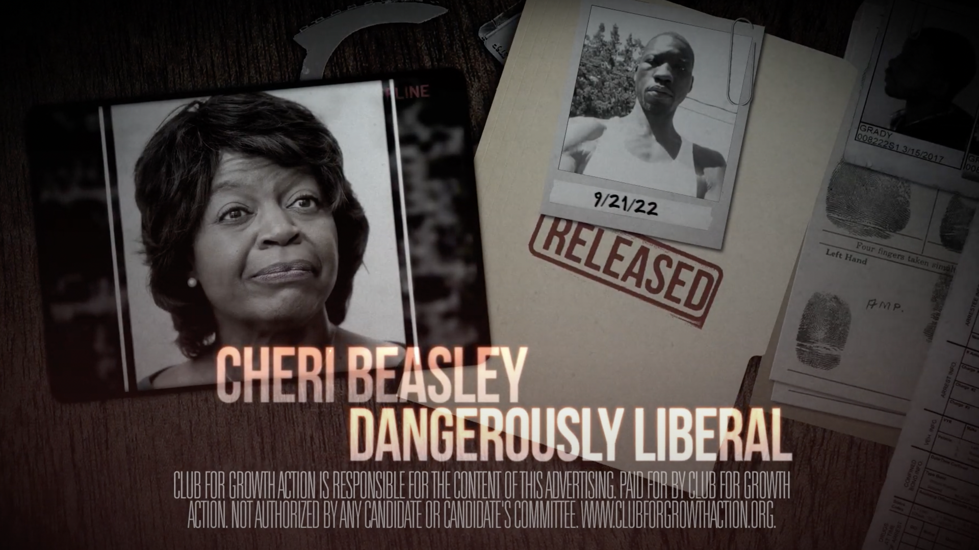 A screengrab of the Cheri Beasley attack add, which reads "Cheri Beasley Dangerously Liberal"