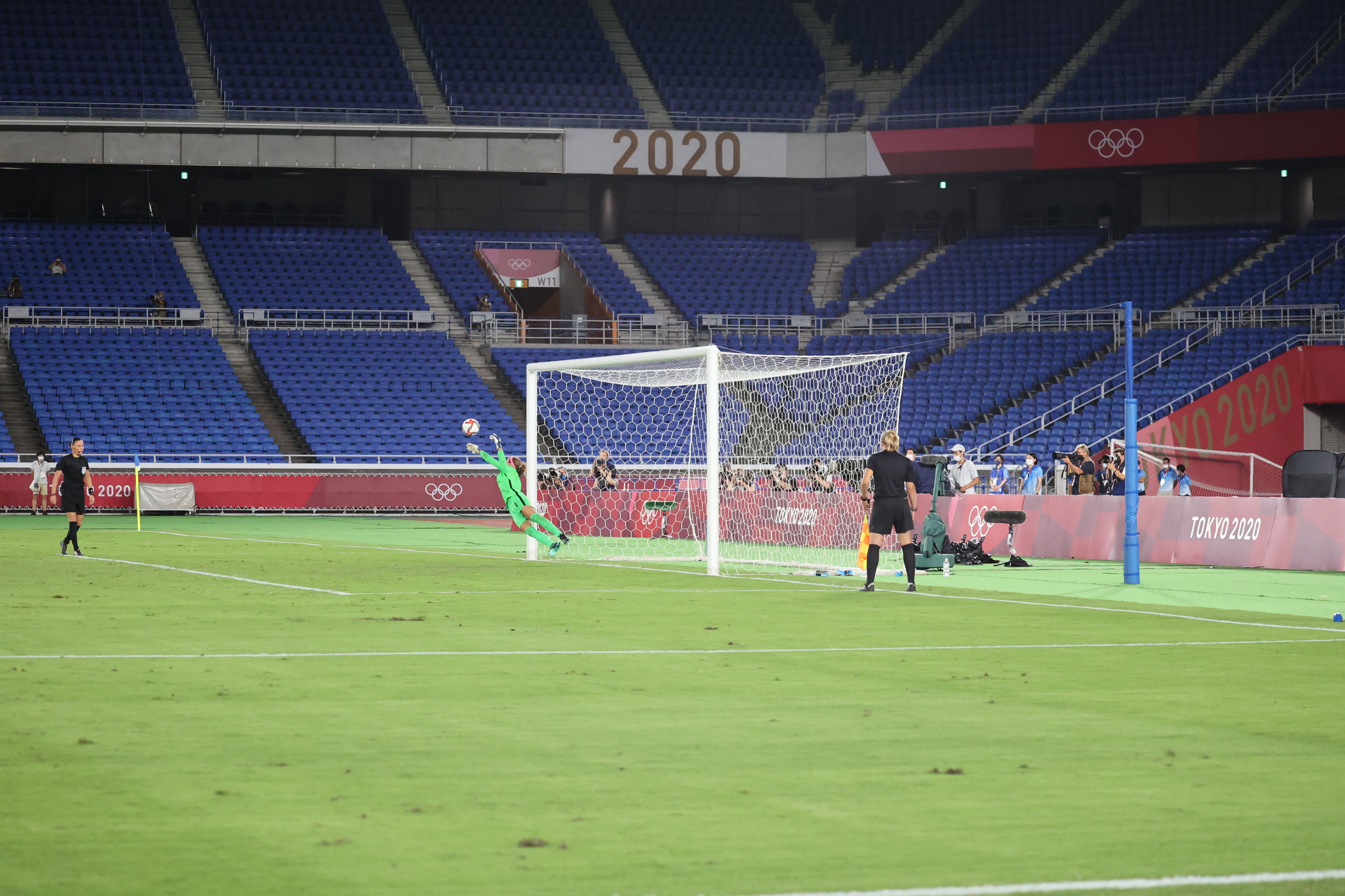 Canada's goalie saves Sweden's penalty kick to win gold.