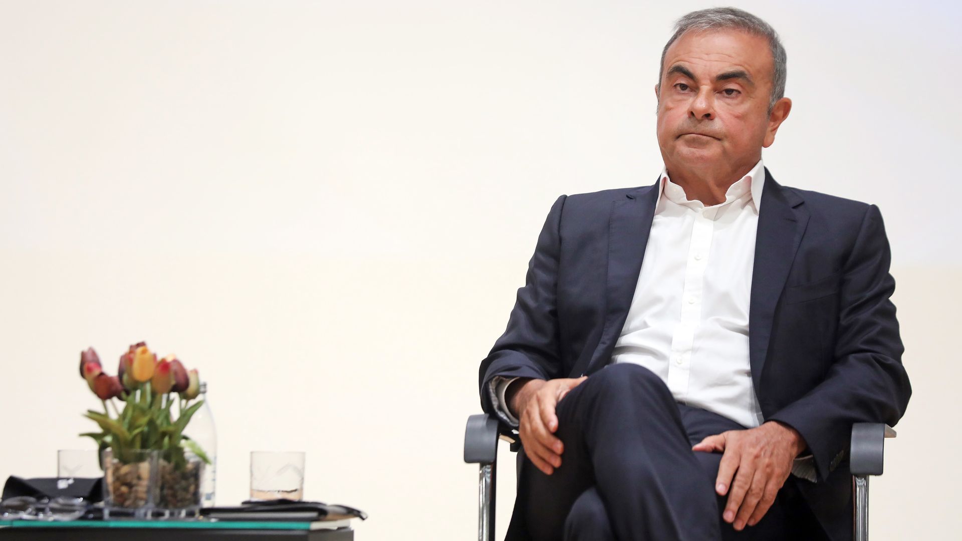 Carlos Ghosn, former Nissan chief executive officer, pauses during a news conference at the Holy Spirit University of Kaslik (USEK) in Jounieh, Lebanon, on Tuesday, Sept. 29