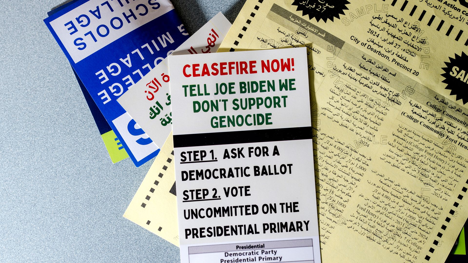 Literature urges Michigan voter to vote "uncommitted" in Tuesday's Democratic primary.