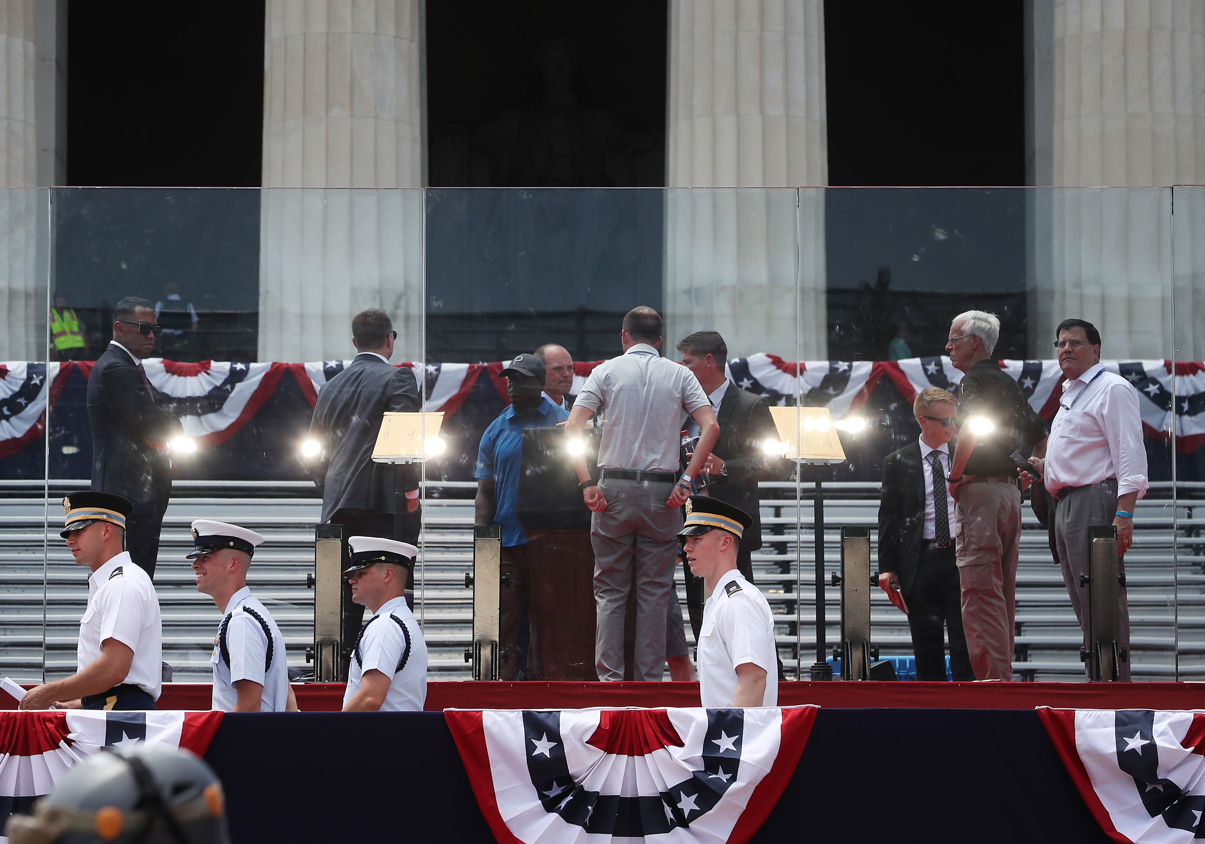  Workers prepare the stage where President Trump will speak at the Lincoln Memorial on the Fourth of July "Salute to America" celebration, on July 3, 2019 in Washington, DC. 