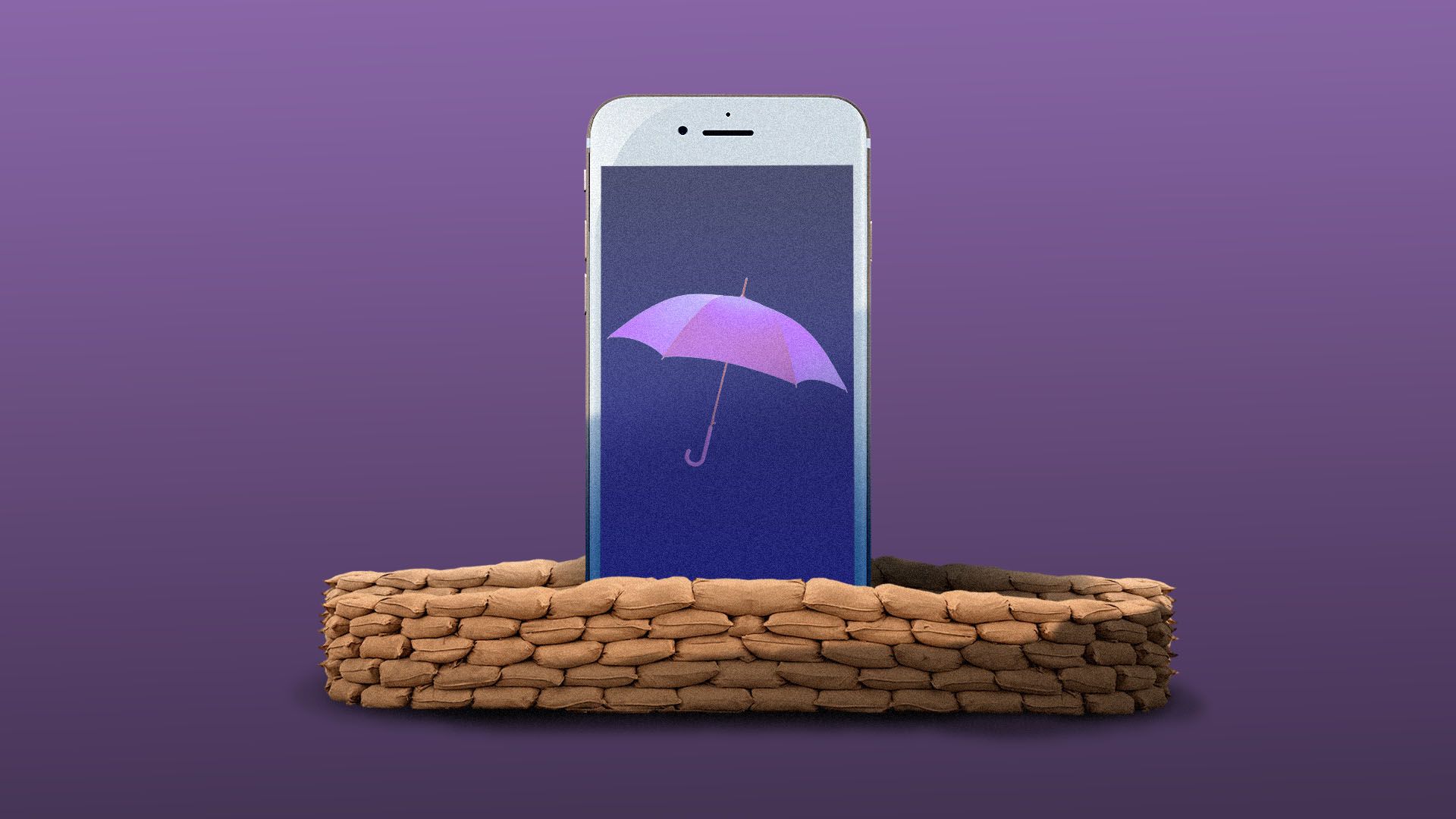 Illustration of a cell phone with an umbrella on the screen, surrounded by sandbags.