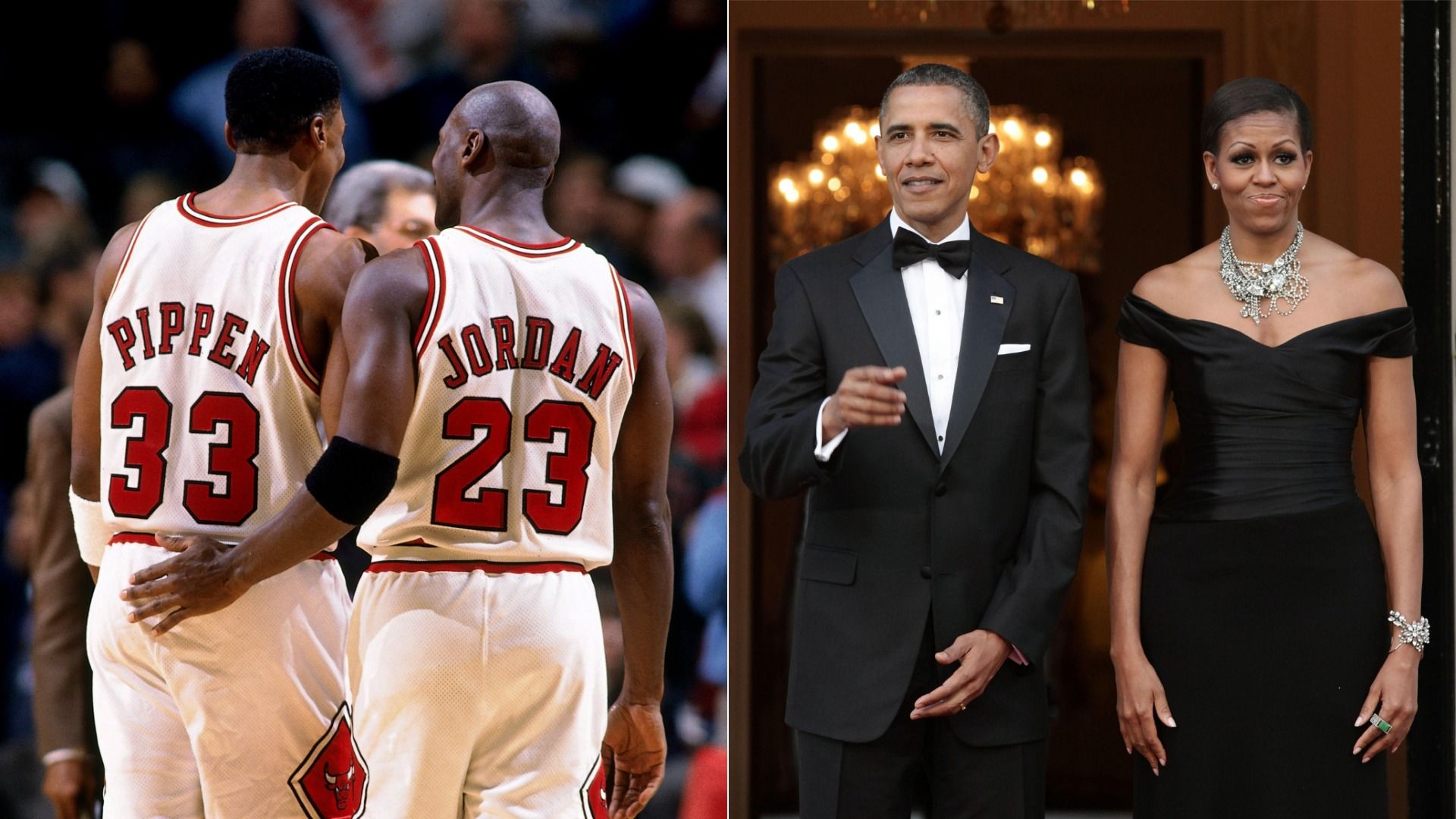 Split image: left shows two Chicago Bulls players from behind in white jerseys numbered 33 and 23; right shows a man in a black tuxedo and a woman in an off-the-shoulder black gown with a large diamond necklace at a formal event.