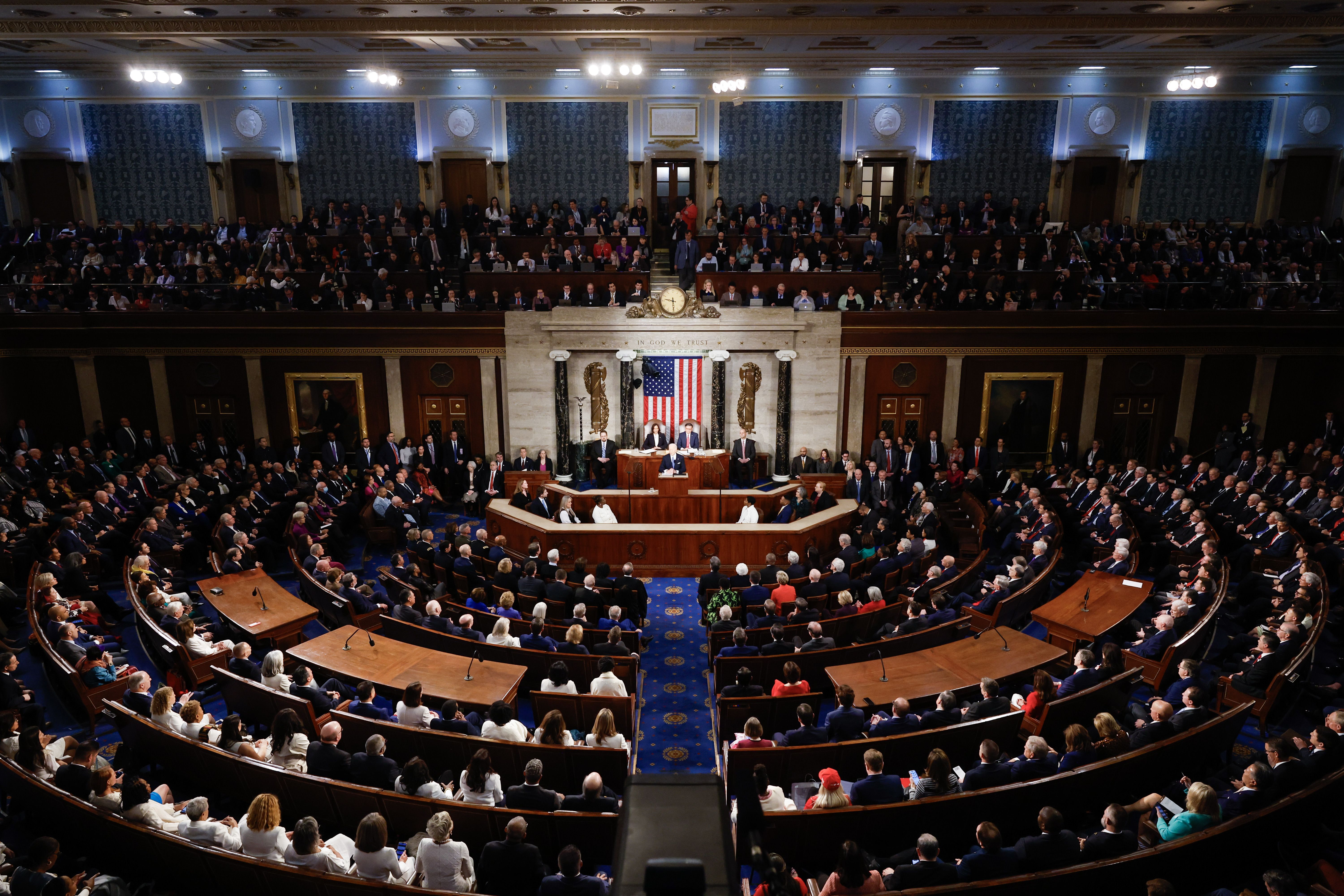  Biden delivers the State of the Union address during a joint meeting of Congress in the House chamber at the U.S. Capitol on March 07, 2024 in Washington, DC.