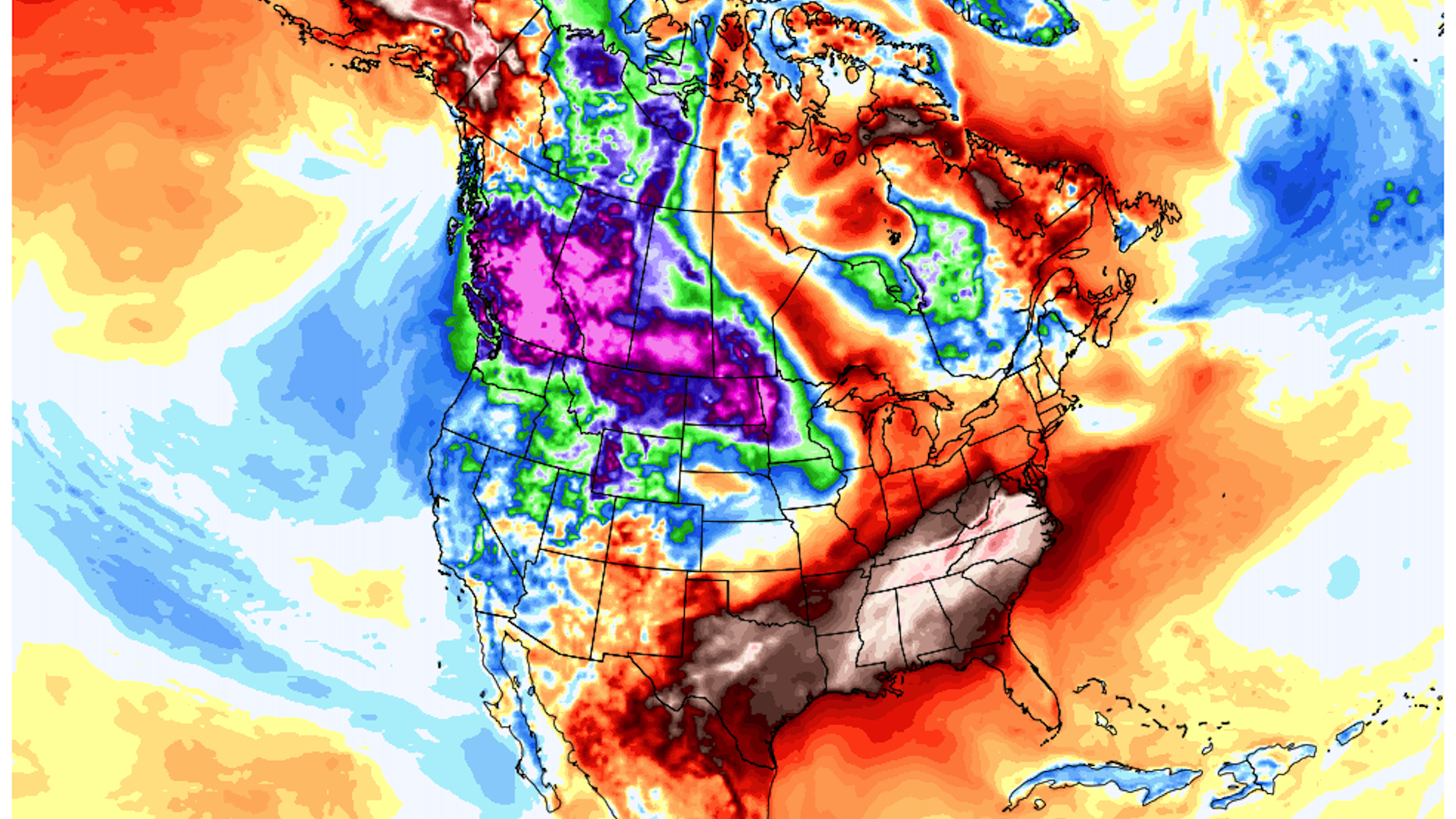 Computer model projection showing temperature anomalies across North America on Jan. 4, 2022.