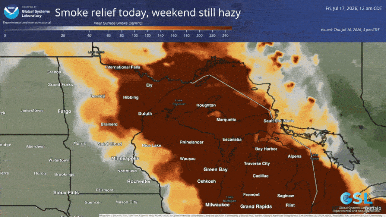 Weather map shows a large orange-brown smoke plume across Minnesota into Wisconsin, covering Minneapolis, Milwaukee, Green Bay; banner reads "Smoke relief today, weekend still hazy".