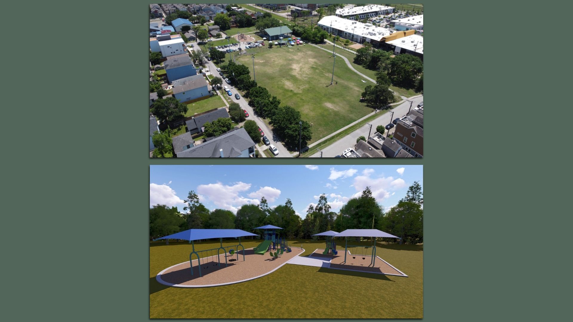 Three stacked photos of a neighborhood park: an aerial view shows a grassy field bordered by houses and a school; a playground with swings and shade; and a second playground with blue shade sails.