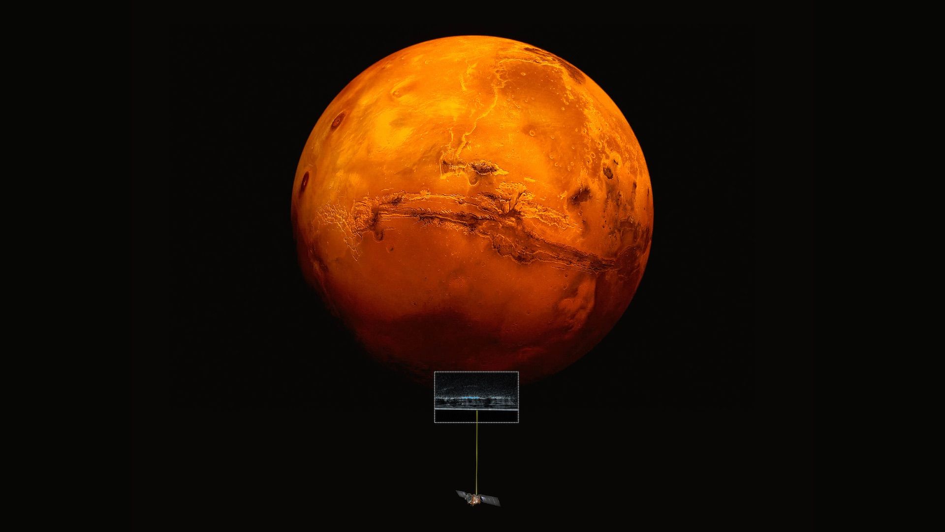 Artistic impression of the Mars Express spacecraft probing the southern hemisphere of Mars, along with the radar cross section of the deposits in that region.