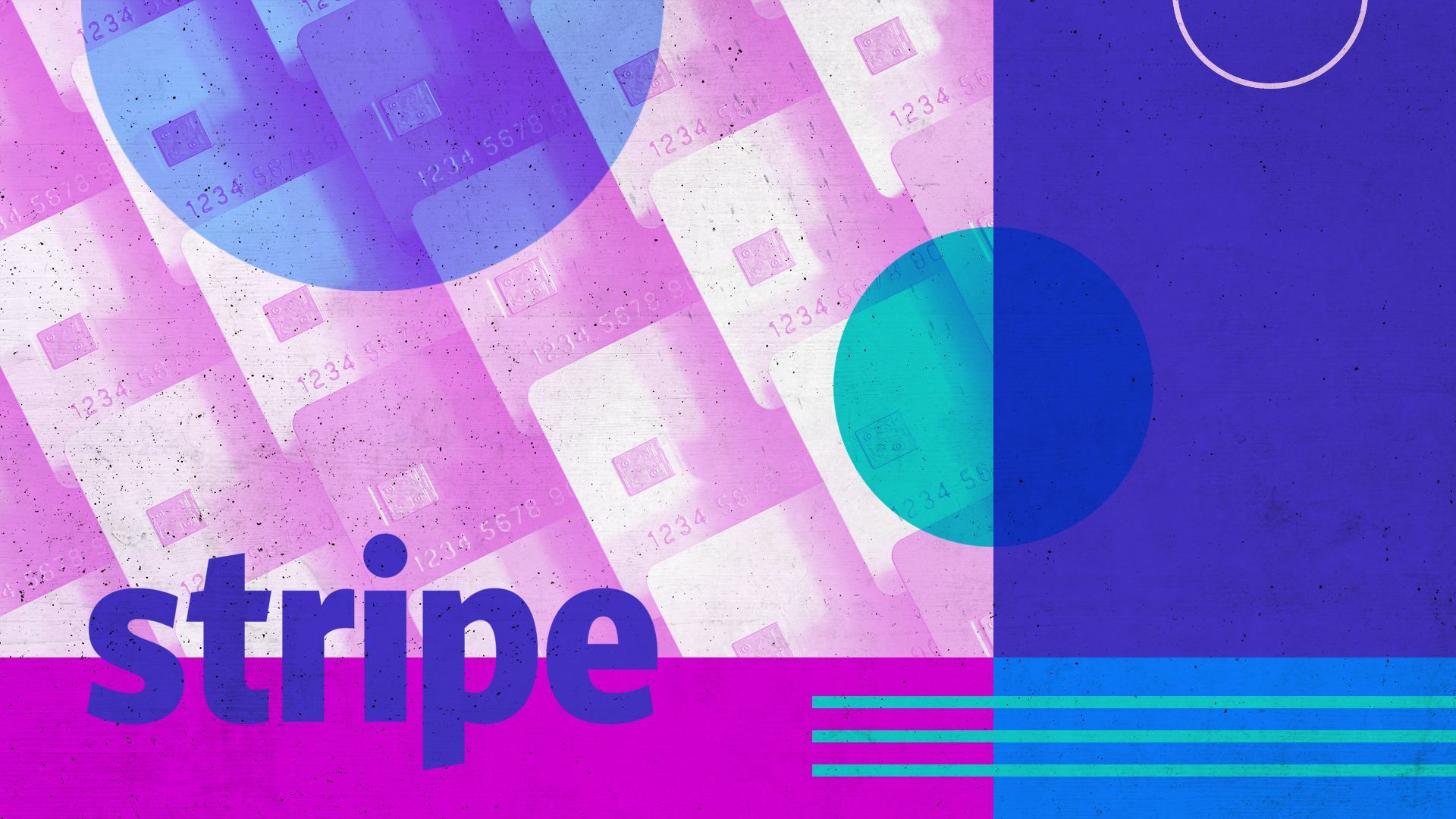 Illustration of the Stripe logo with a collage of abstract shapes and credit cards.