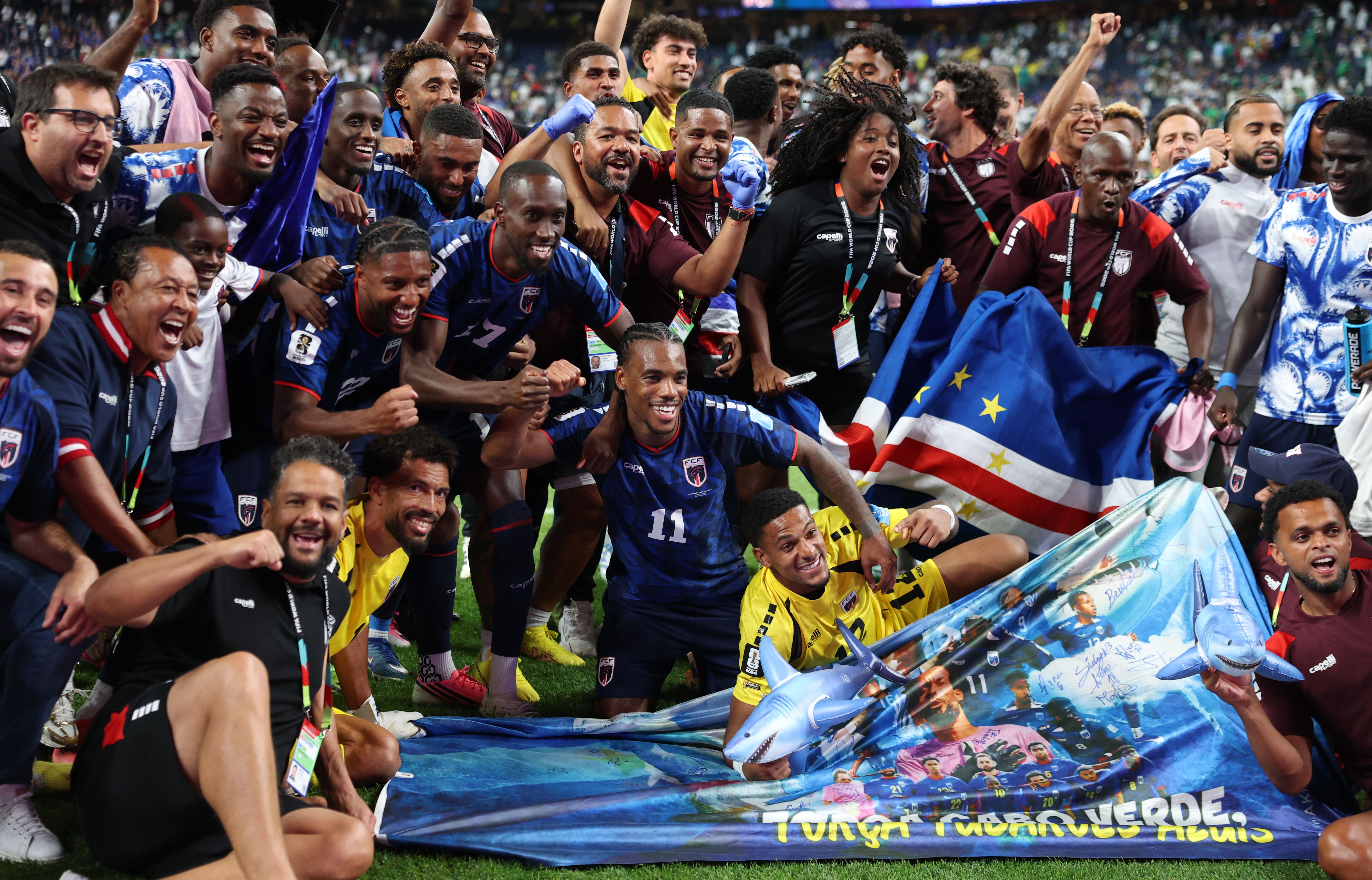 Cabo Verde players celebrate after the 0-0 draw during the FIFA World Cup 2026 Group H match between Cabo Verde and Saudi Arabia at Houston Stadium on June 26, 2026 in Houston, Texas. (Photo by Francois Nel/Getty Images)