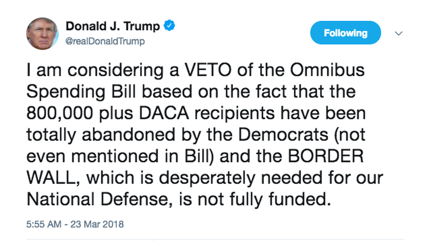 Trump Threatens To Veto Spending Bill Over Daca Border Wall 