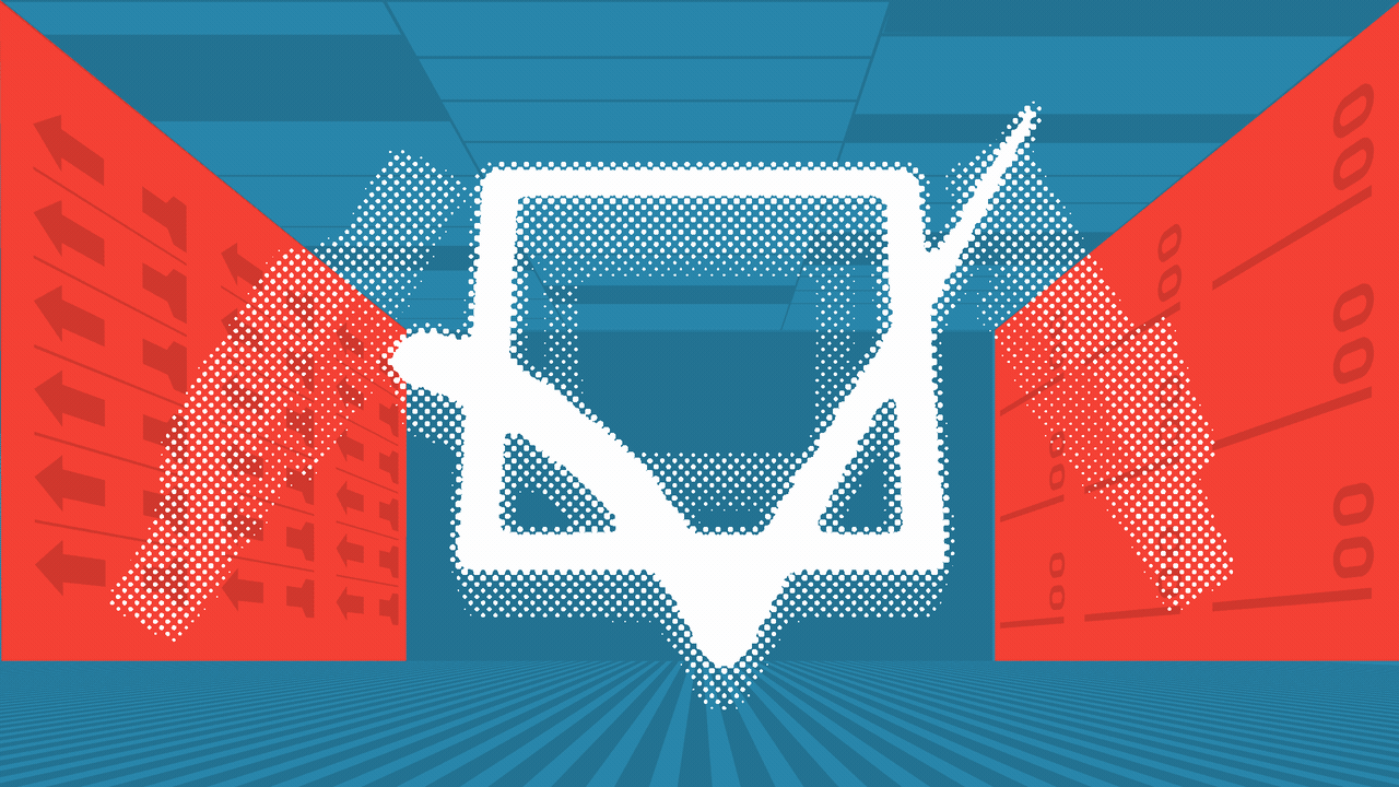 Abstract blue and red geometric composition featuring a white dotted emblem in the center, flanked by red diagonal panels with marks; conveys tech and data imagery.