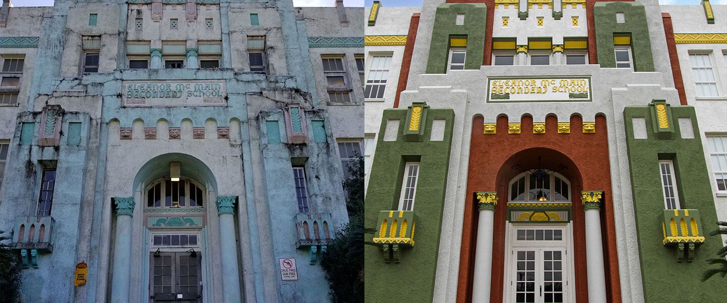 Photo shows before and after pictures of Eleanor McMain High School. On the left, the building's facade has faded paint. On the right, it is repainted in vibrant golds, greens and reds.