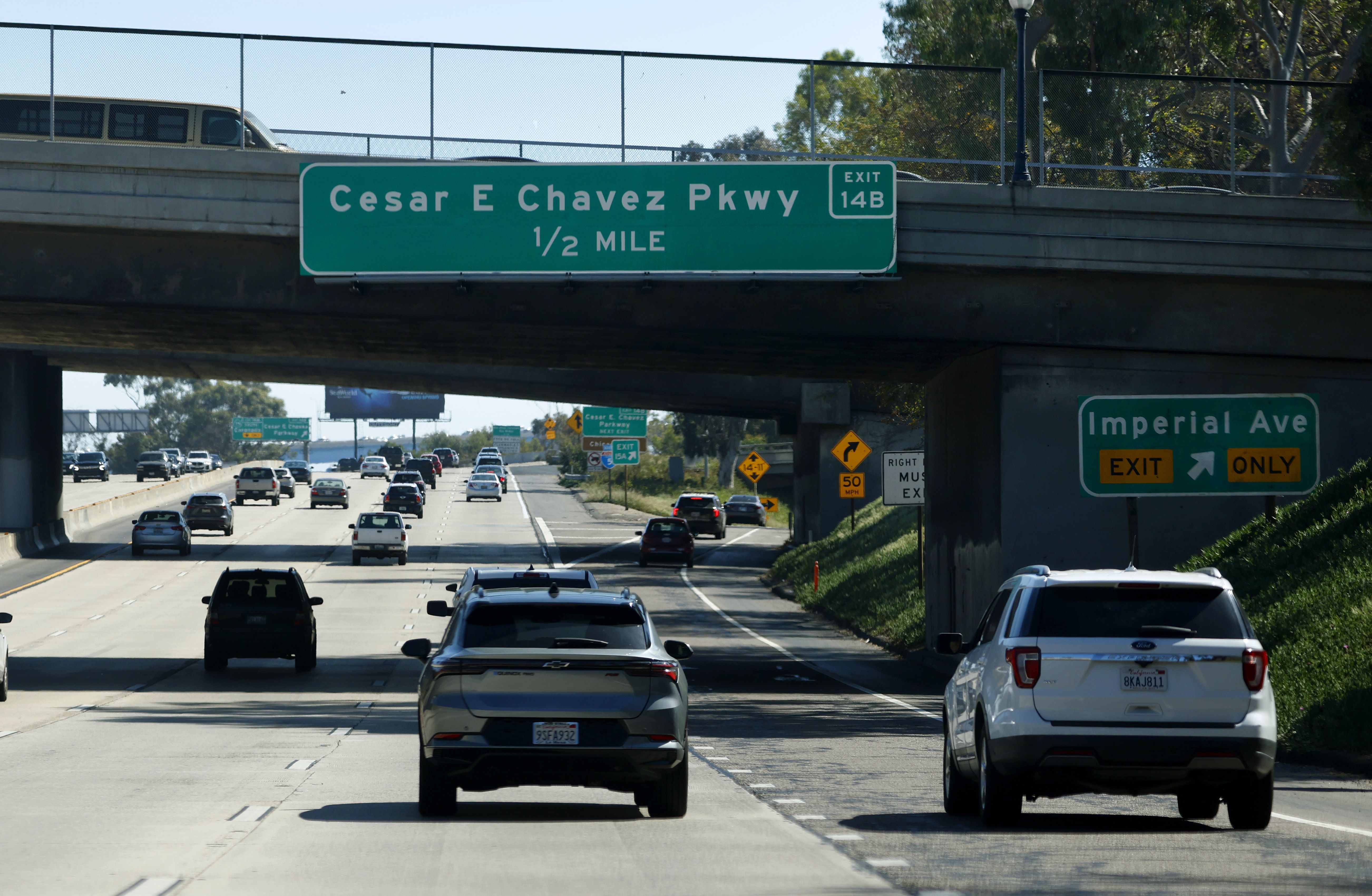 San Diego, CA - March 18: A freeway sign on Interstate 5 shows an offramp for Cesar E. Chavez Parkway on March 18, 2026 in San Diego, CA. (Photo by K.C. Alfred / The San Diego Union-Tribune via Getty Images)