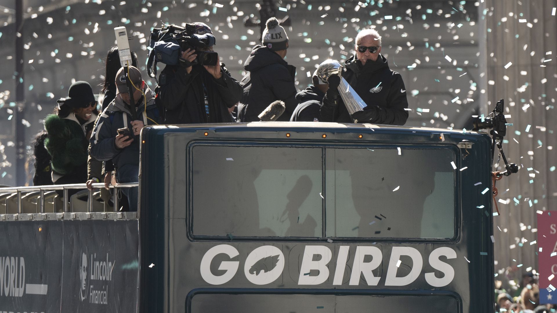 Members of the Philadelphia Eagles football team celebrate during their Super Bowl victory parade.