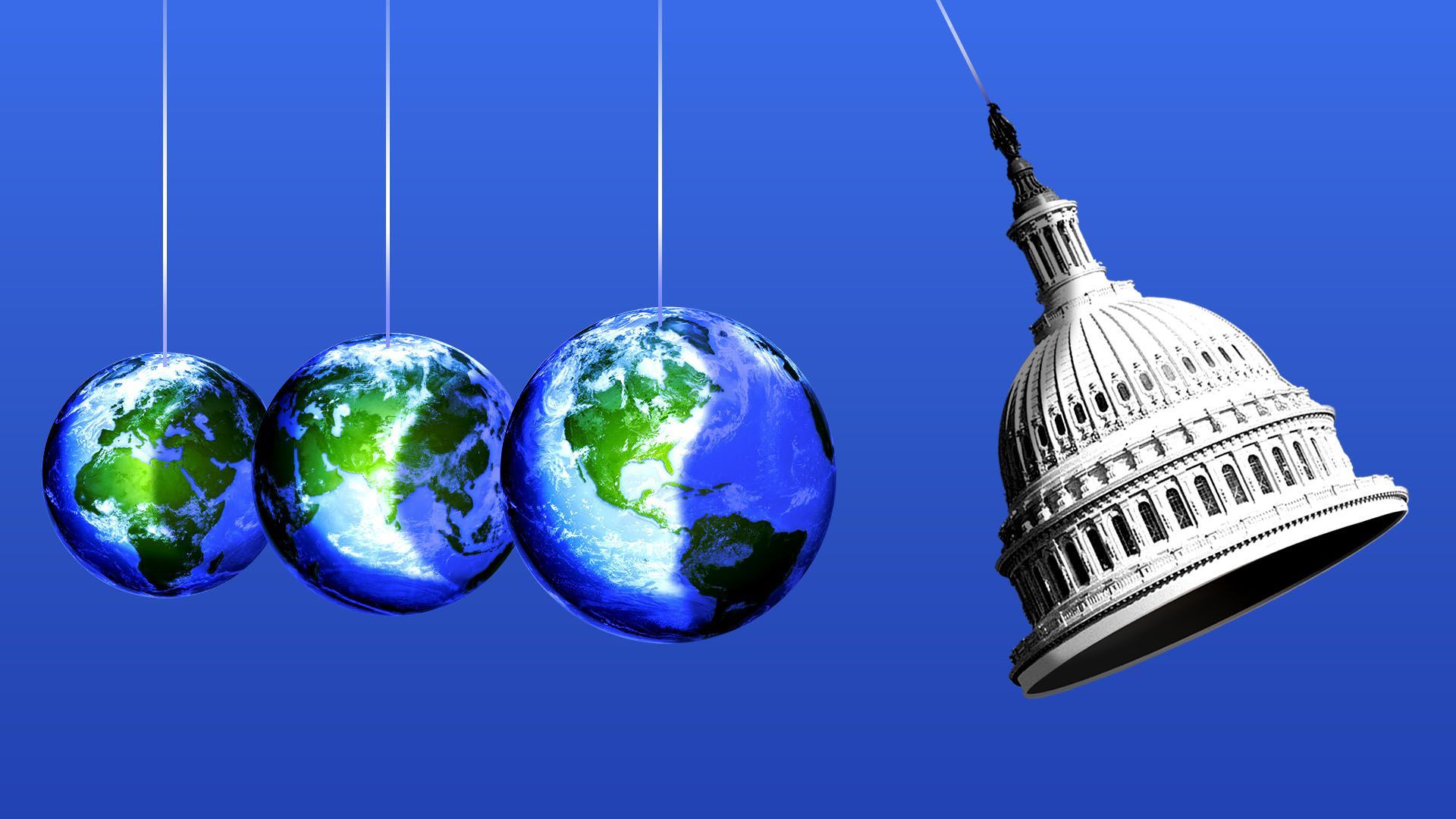 Illustration of the top of the Capitol Building, and three planet Earths as a Newton's cradle.