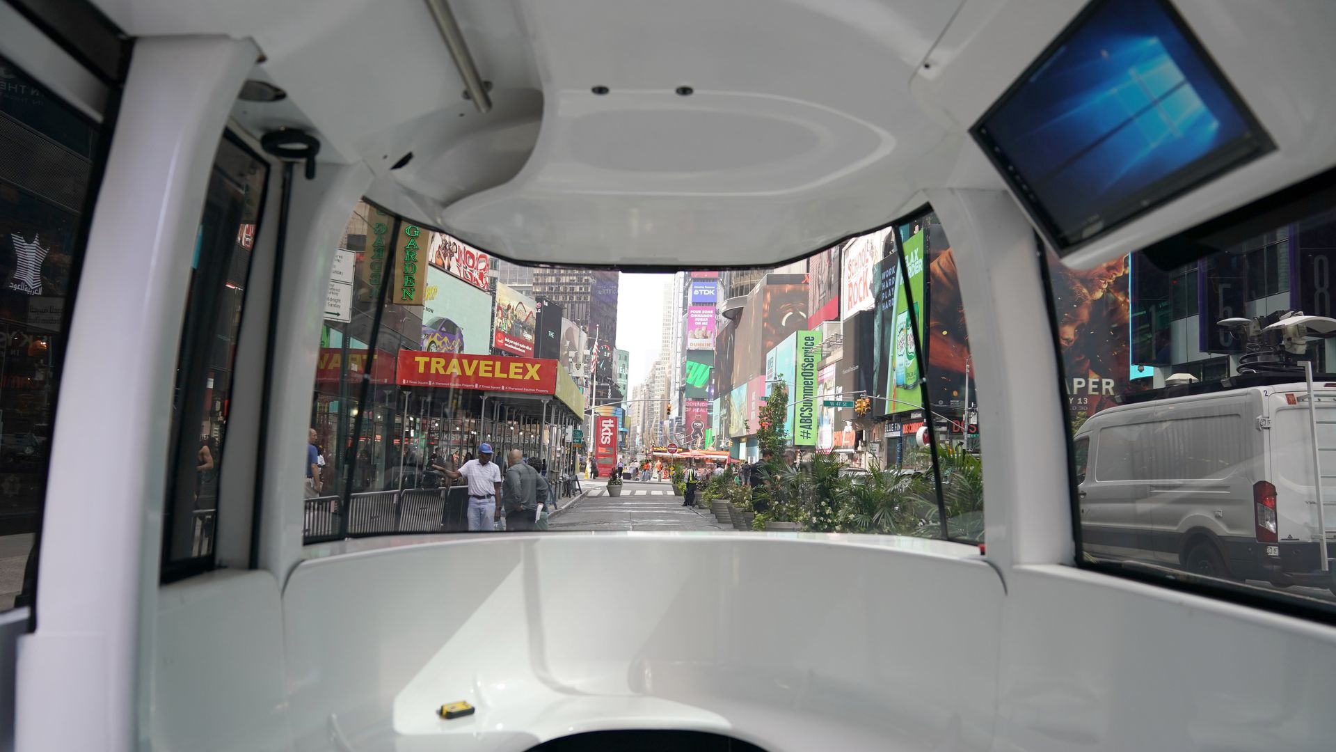 A view of the self-driving shuttle is seen in Times Square July 17, 2018 in New York